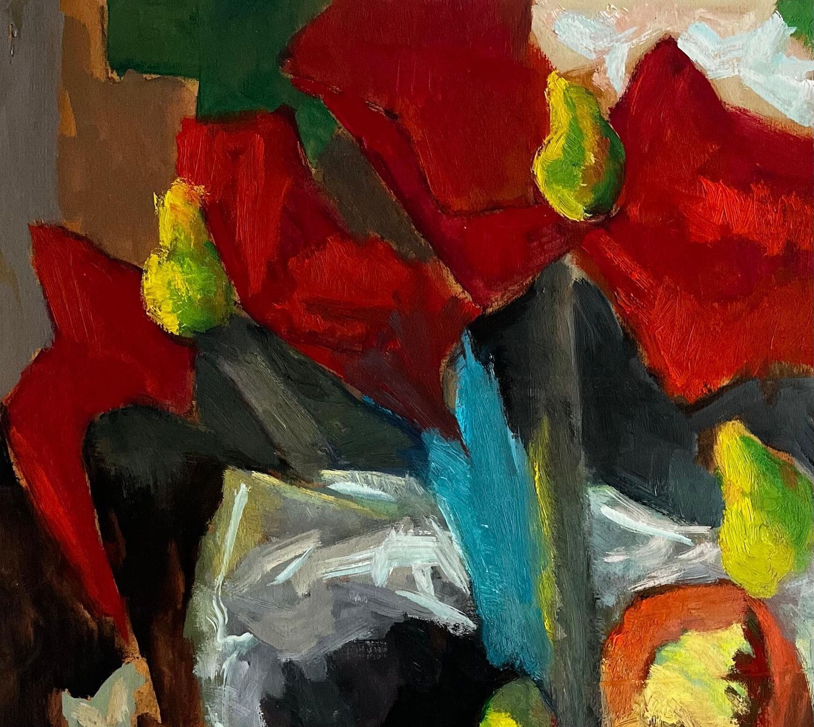 Guy Nicod Abstract Red Flowers With Fruit And Draped Fabrics Modernist Gouache photo for sale