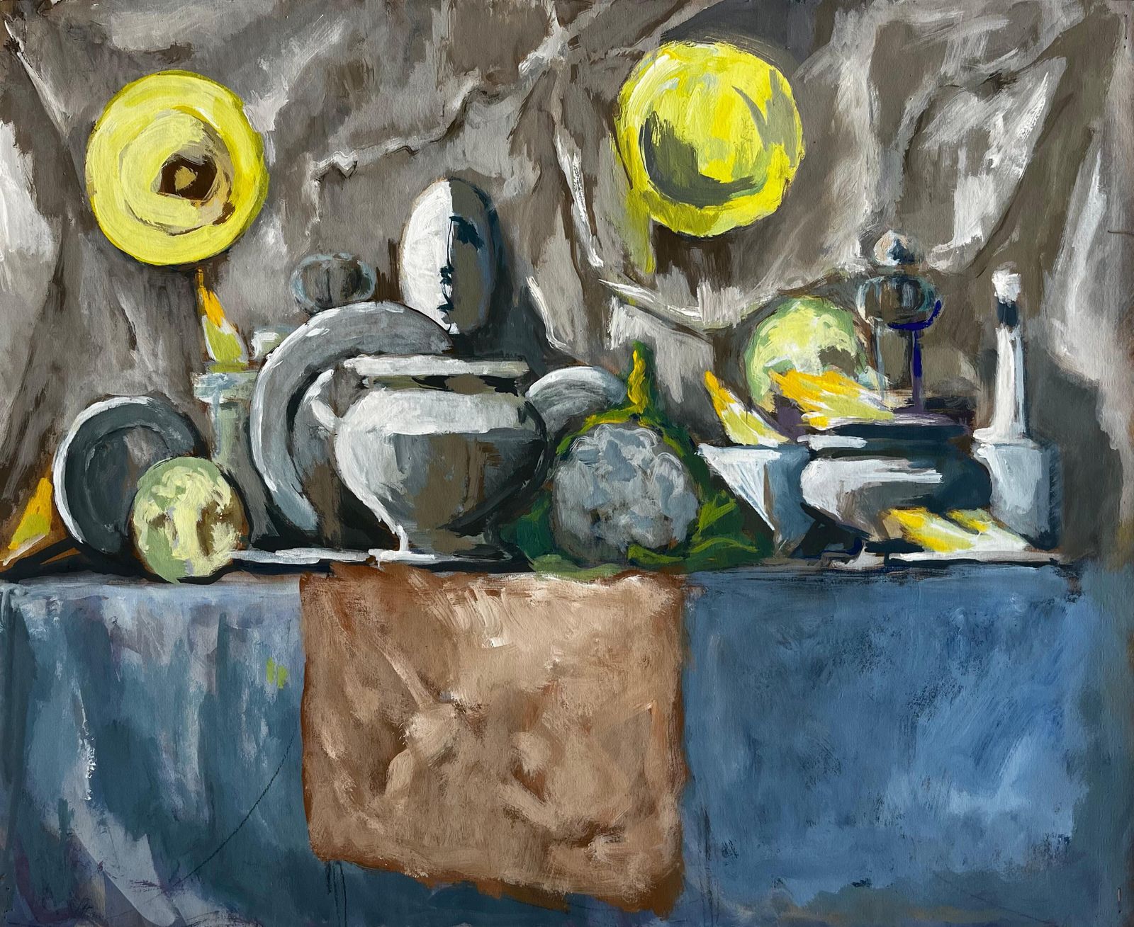 Guy Nicod Abstract Still Life With Plates Bowls And Kitchen Utensils Modernist Gouache