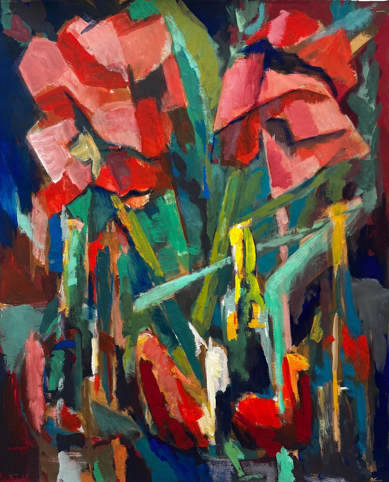 Guy Nicod Abstract Red Flowers And Bottles Still Life French Modernist Gouache