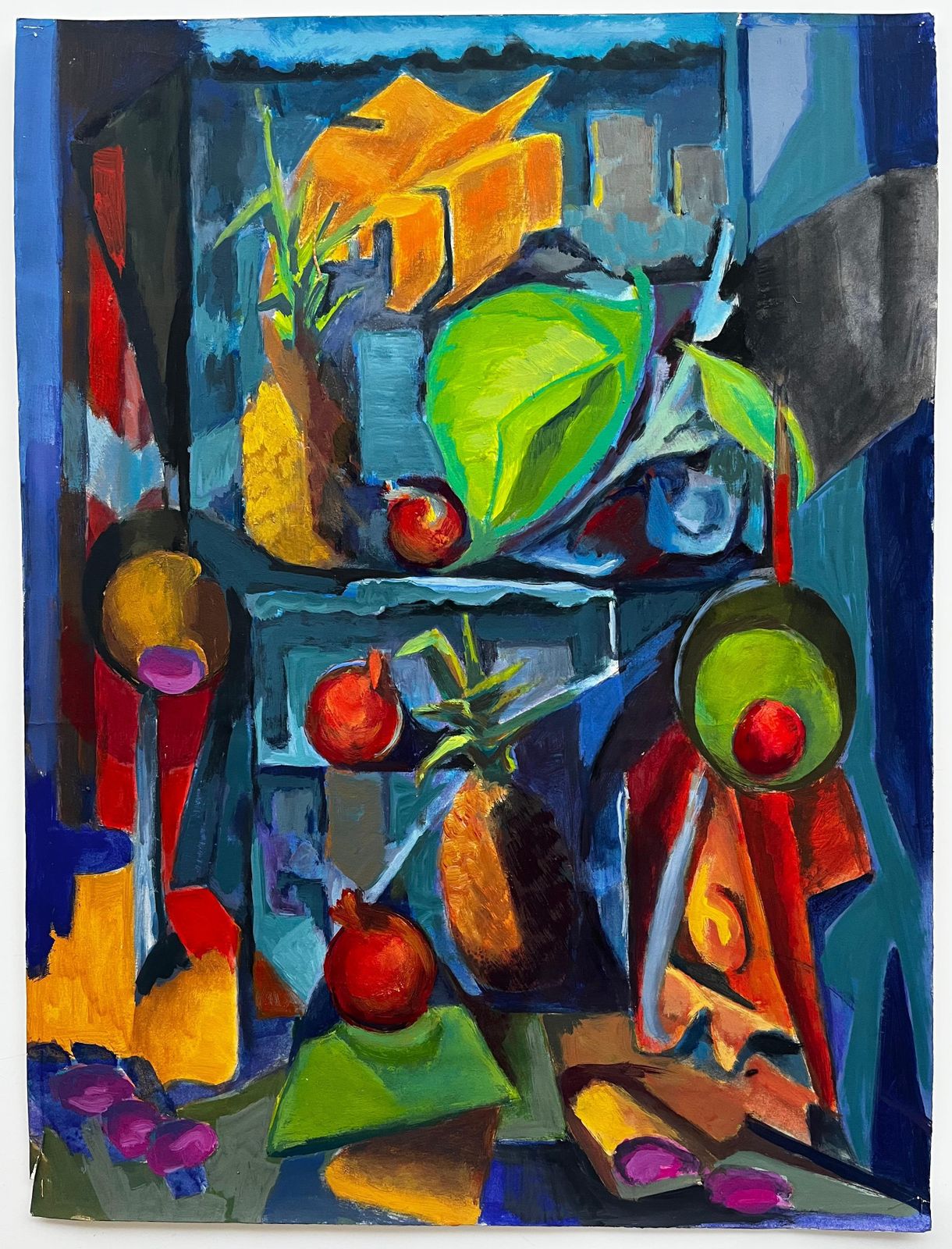 Guy Nicod Pineapple Pomegranates Fruit Display With Leaves Shelves Modernist Still Life photo furniture