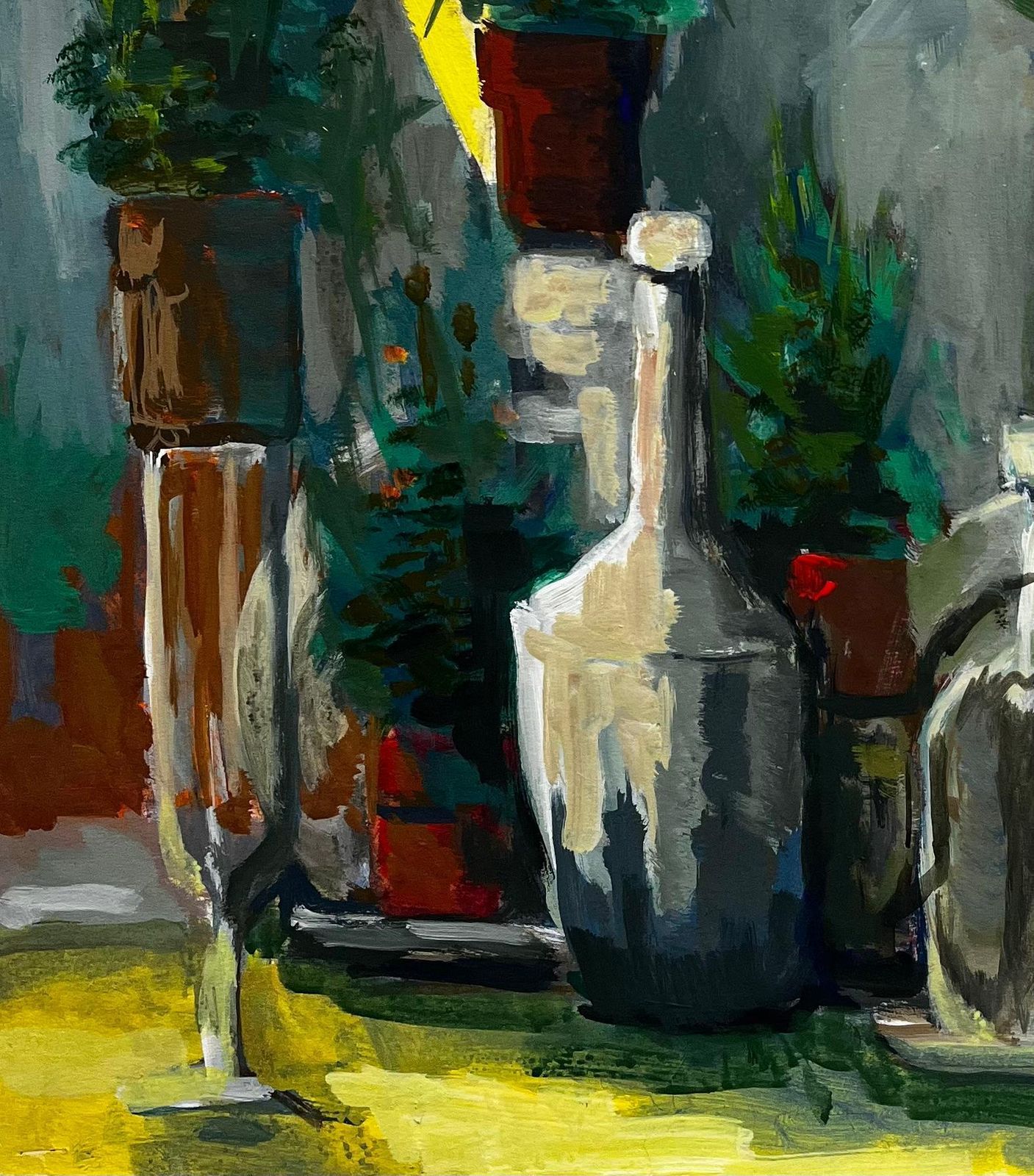 Guy Nicod Yellow Draped Cloth Grey Bottles And Potted Plants French Modernist Still Life photo for sale