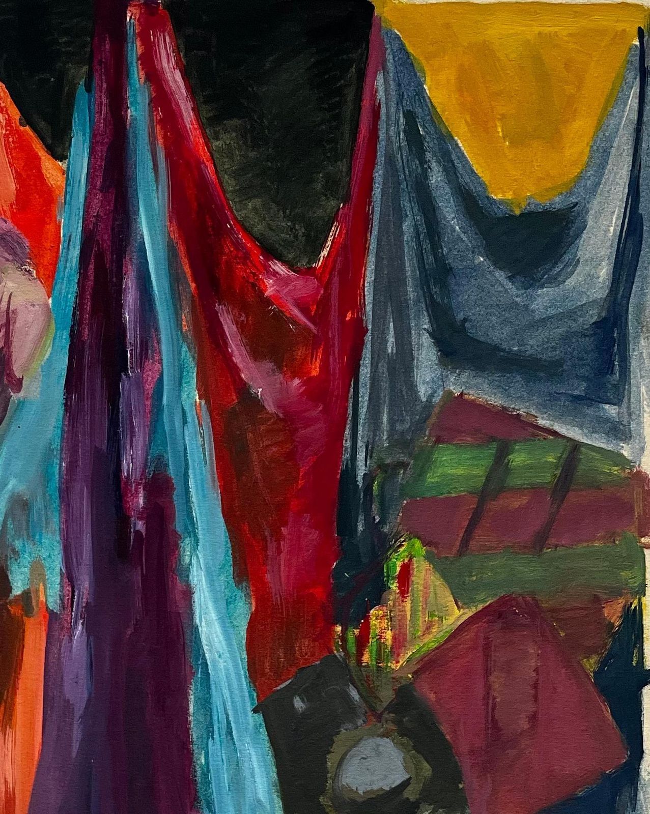 Guy Nicod Colourful Draped Fabrics Hanging Hats And Red Flower Pot Modernist Still Life photo Art