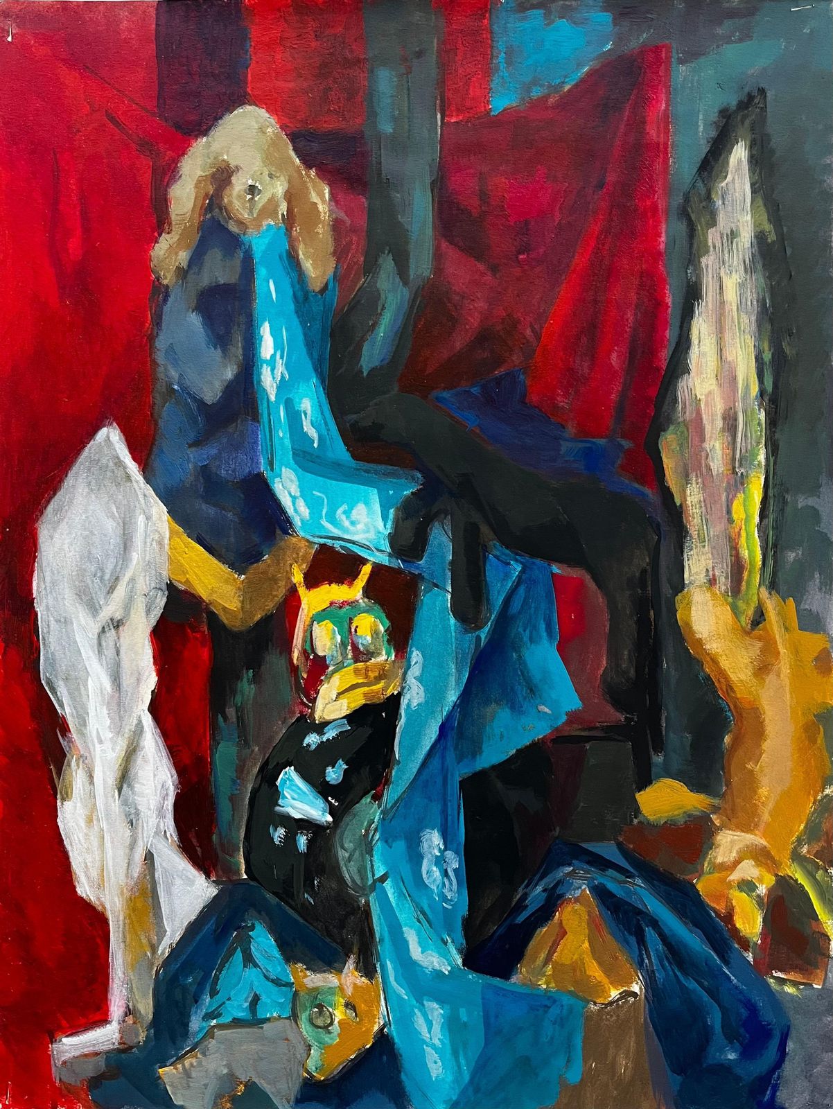 Guy Nicodstuffed Toy And Childrens Objects With Blue Drapery French Modernist Still Life