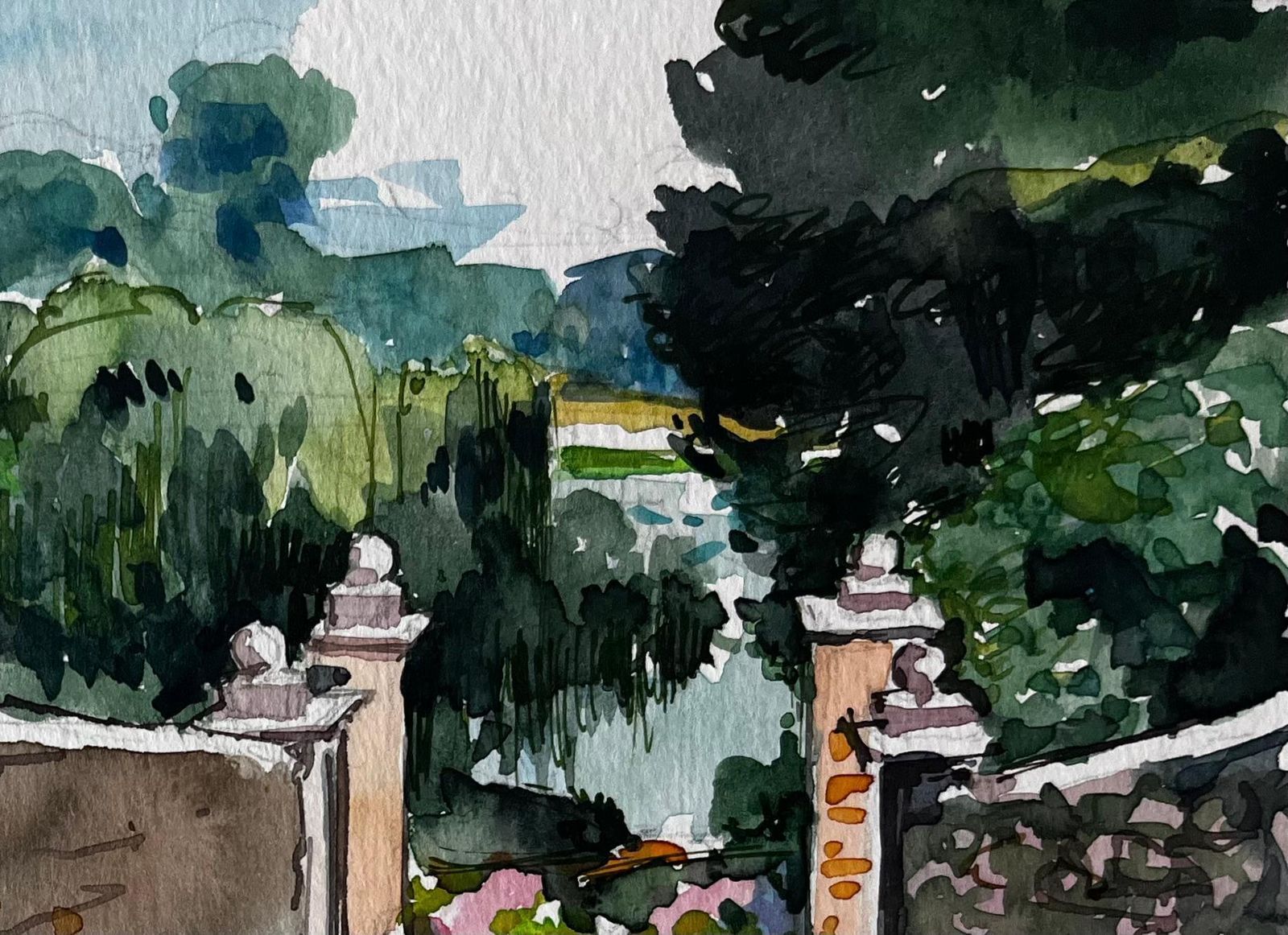 Pierre Neveugarden Gate Stone Walls Trees Lush Landscape And River View Watercolor photo for sale