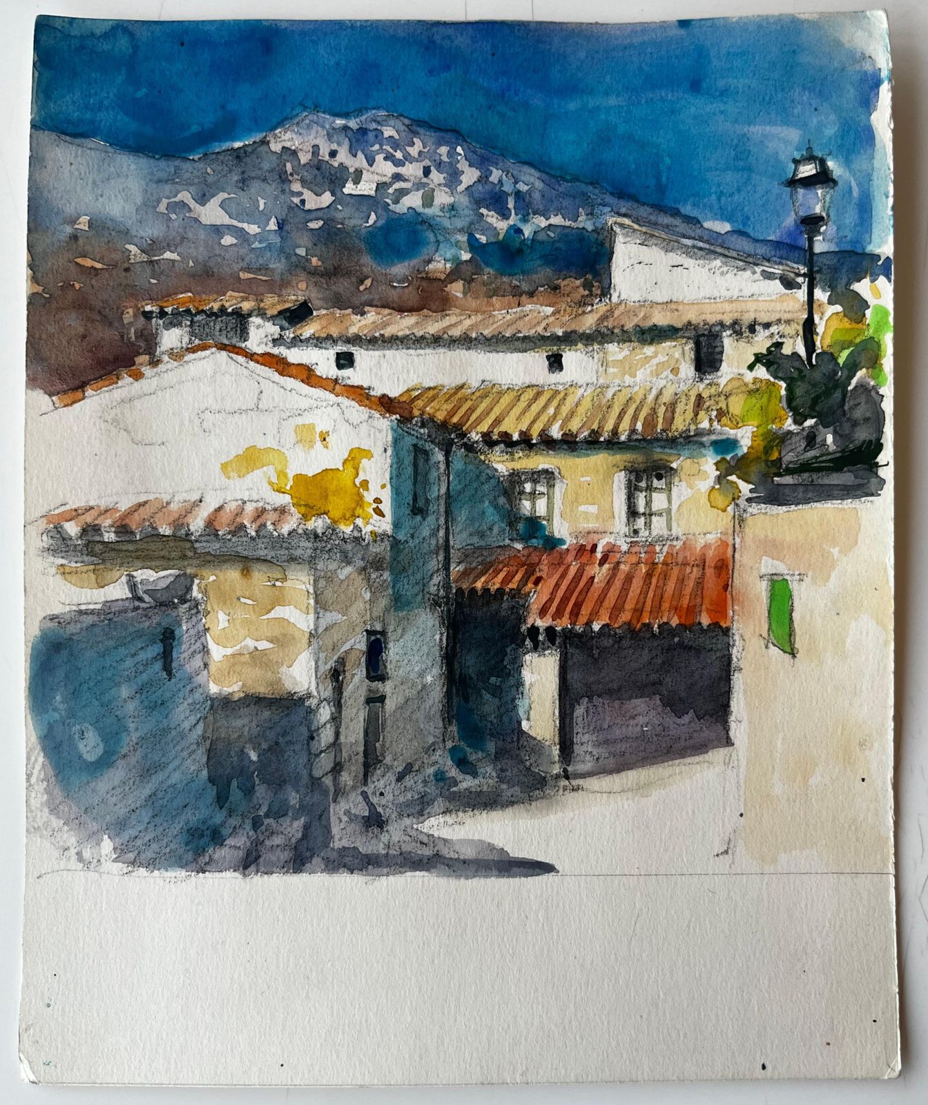 Pierre Neveumediterranean Village Houses Terracotta Roofs Mountain View Watercolor photo furniture