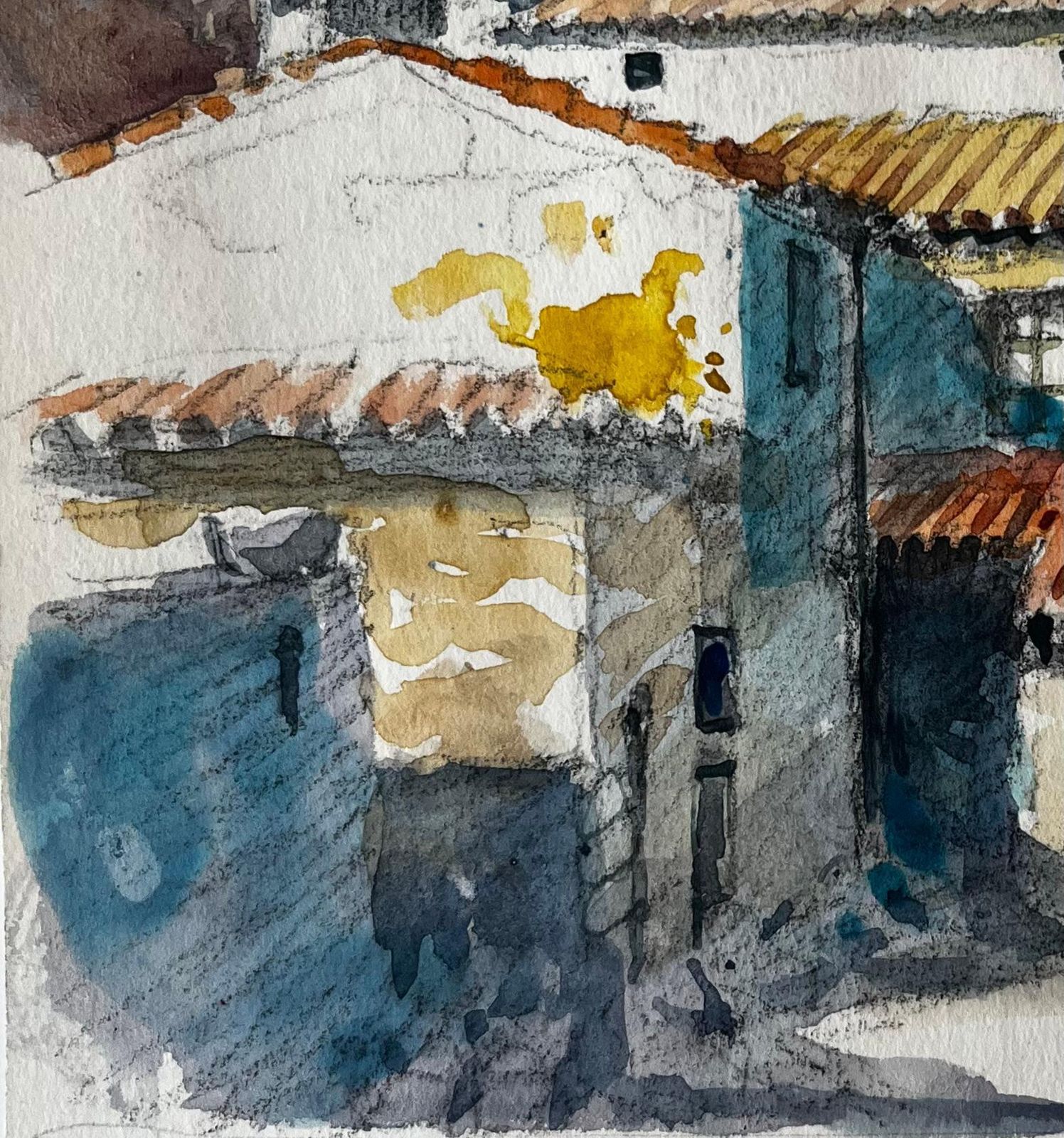 Pierre Neveumediterranean Village Houses Terracotta Roofs Mountain View Watercolor photo vinterior