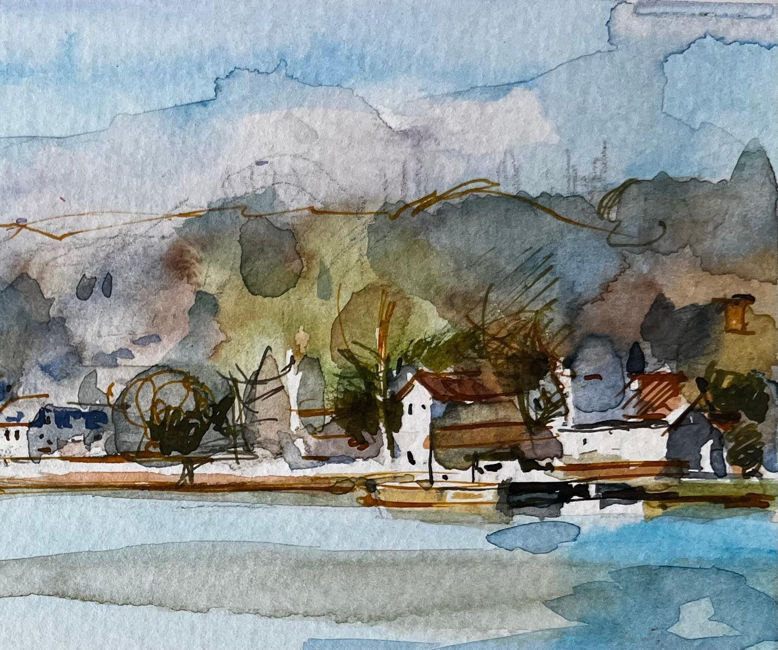 Pierre Neveuriverside Village Hills Trees Reflections And Sunlit Fields Watercolor photo for sale