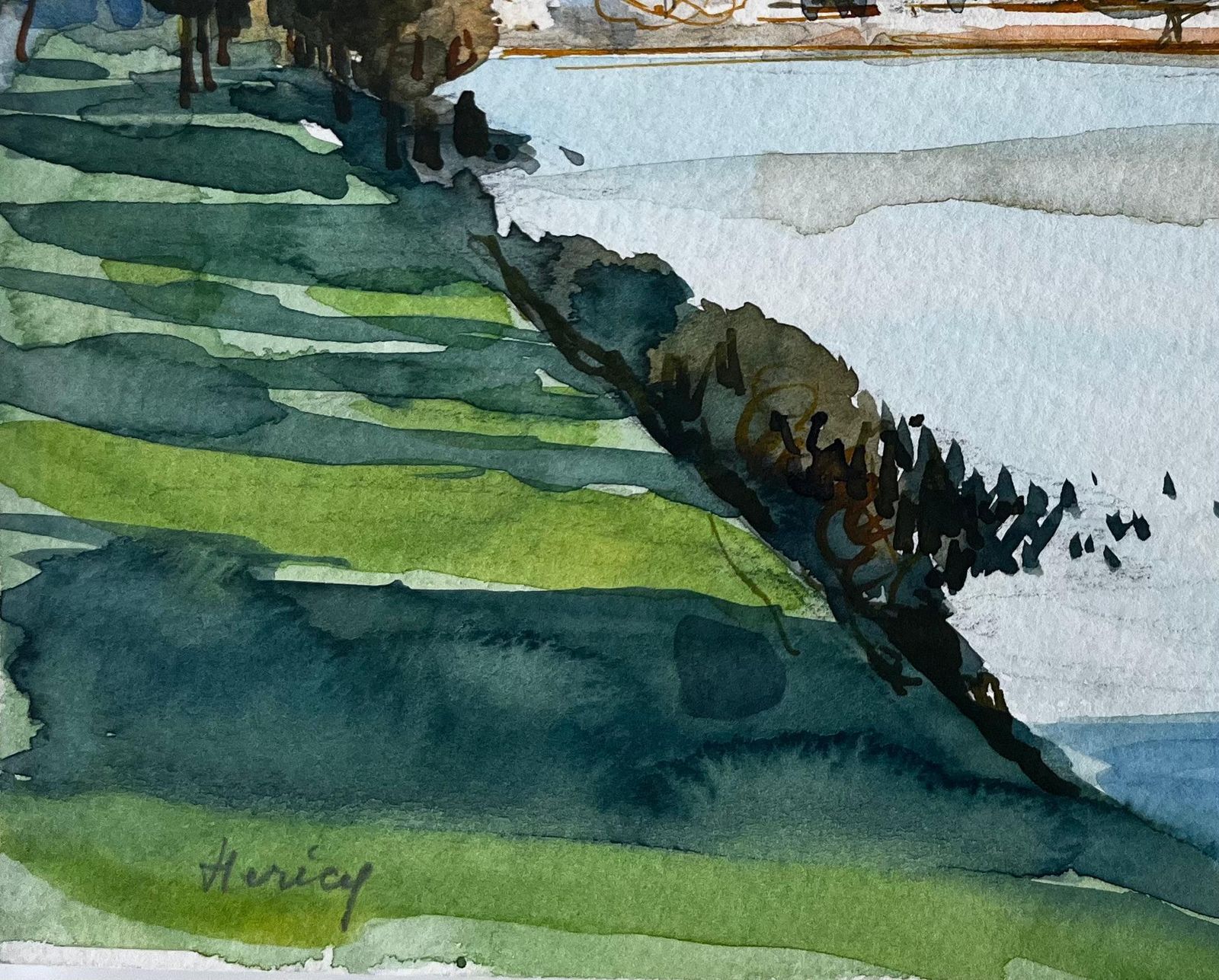 Pierre Neveuriverside Village Hills Trees Reflections And Sunlit Fields Watercolor photo vinterior