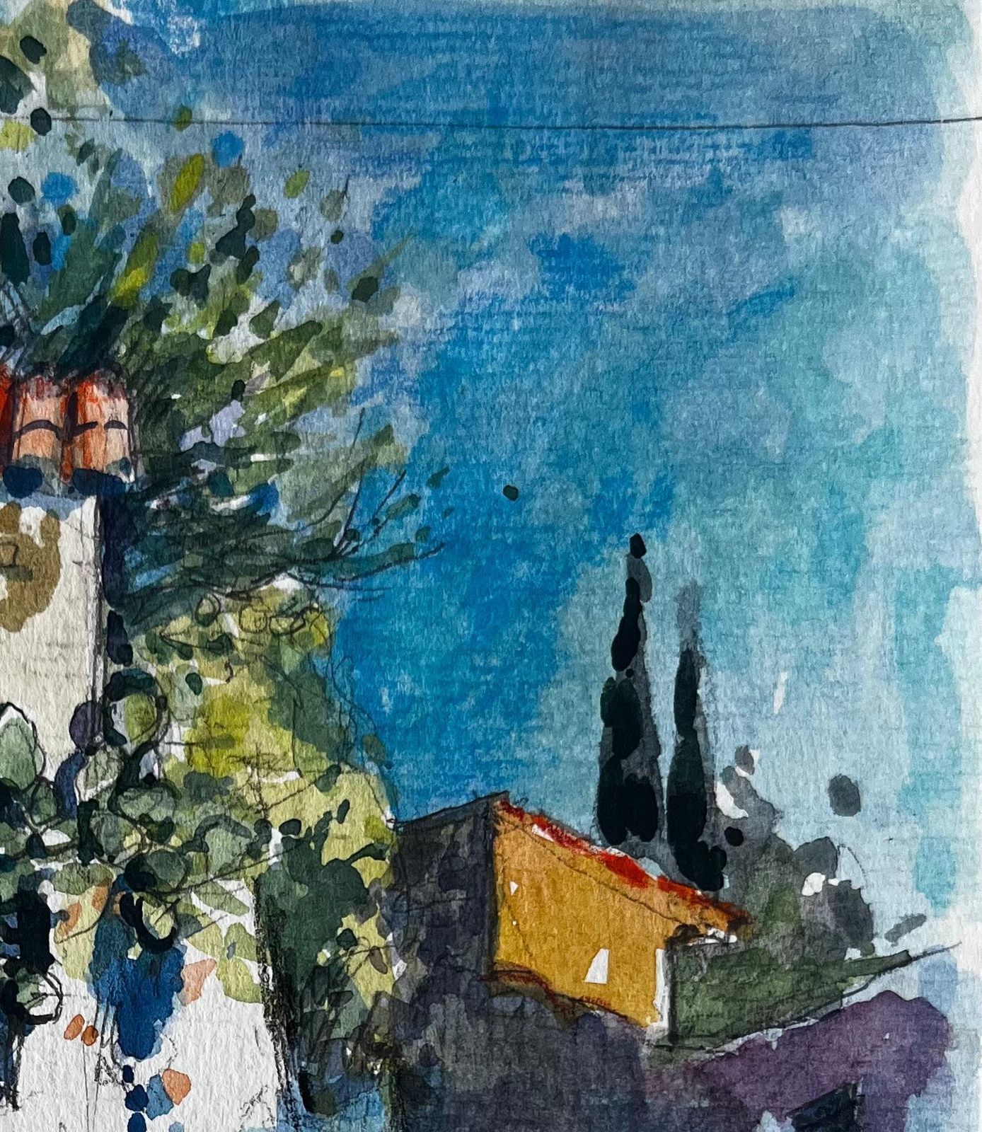 Pierre Neveumenton Mediterranean Stone House Steps Sunlit Garden Terracotta Roof Watercolor photo Art