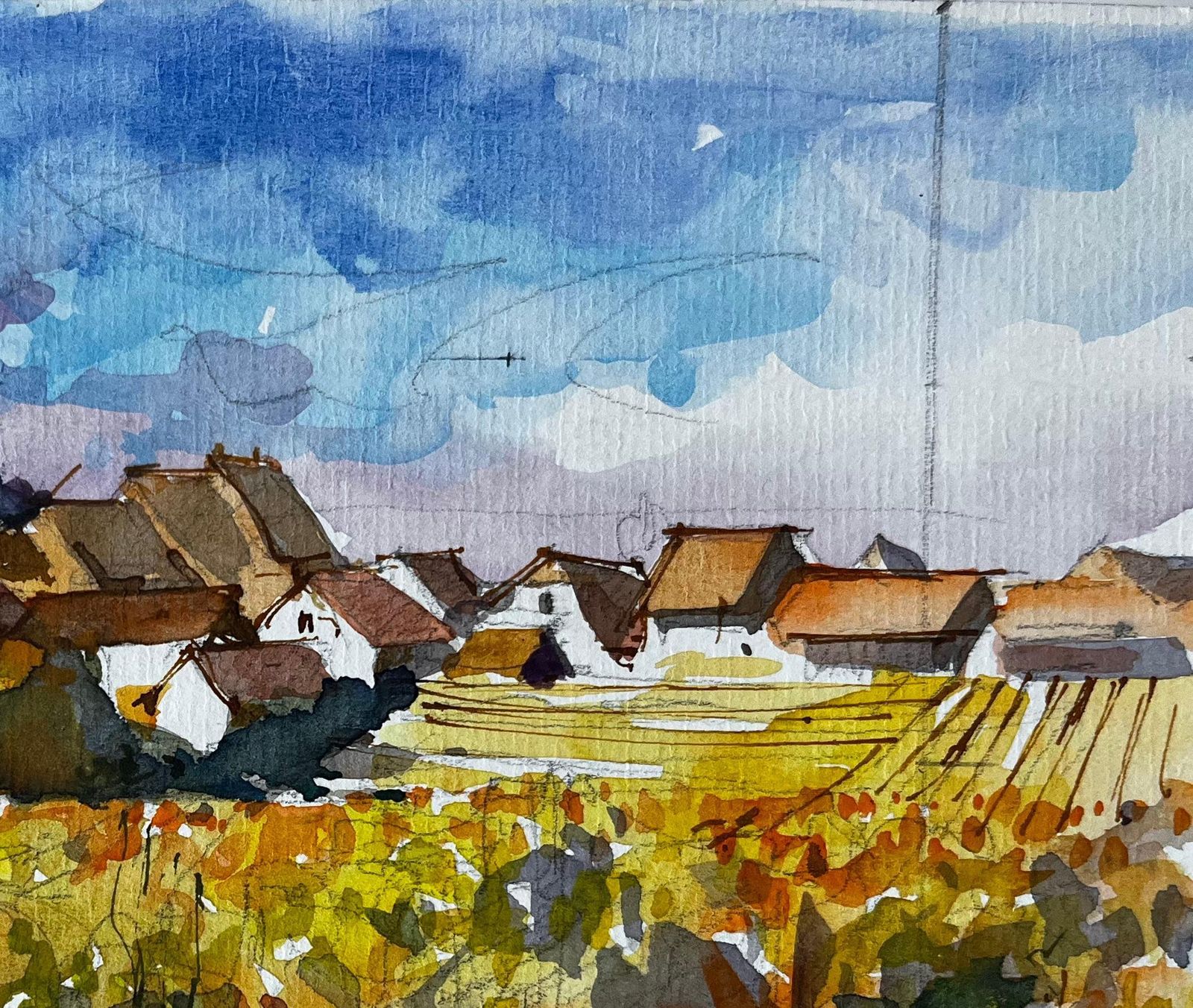 Pierre Neveufrench Village Church Vineyards Autumn Landscape Watercolor photo buy