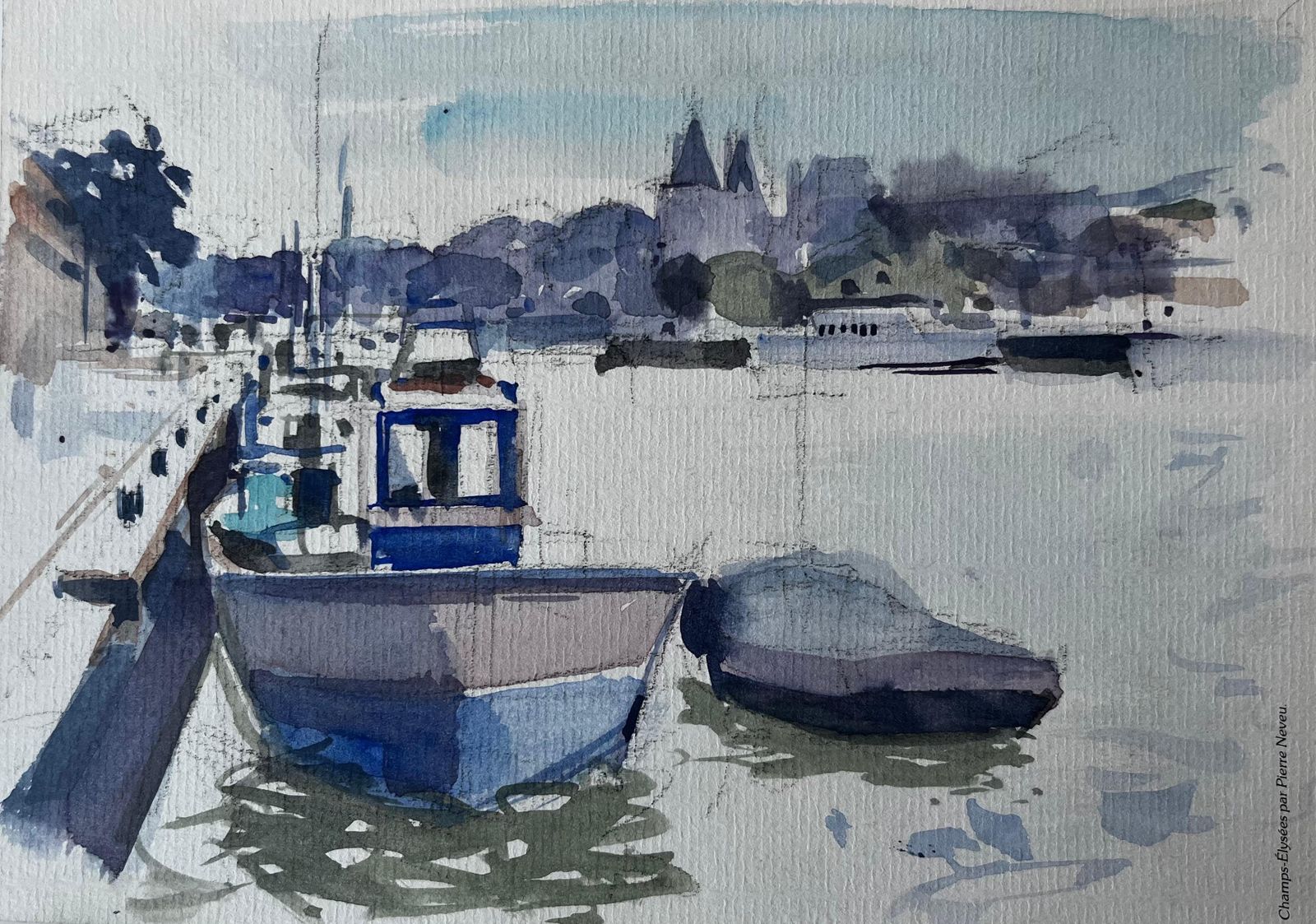 Pierre Neveuharbour Boats Jetty And Riverside Town French Watercolor Landscape