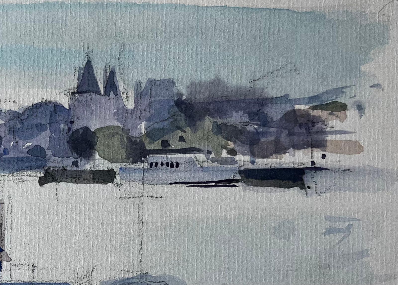 Pierre Neveuharbour Boats Jetty And Riverside Town French Watercolor Landscape photo for sale
