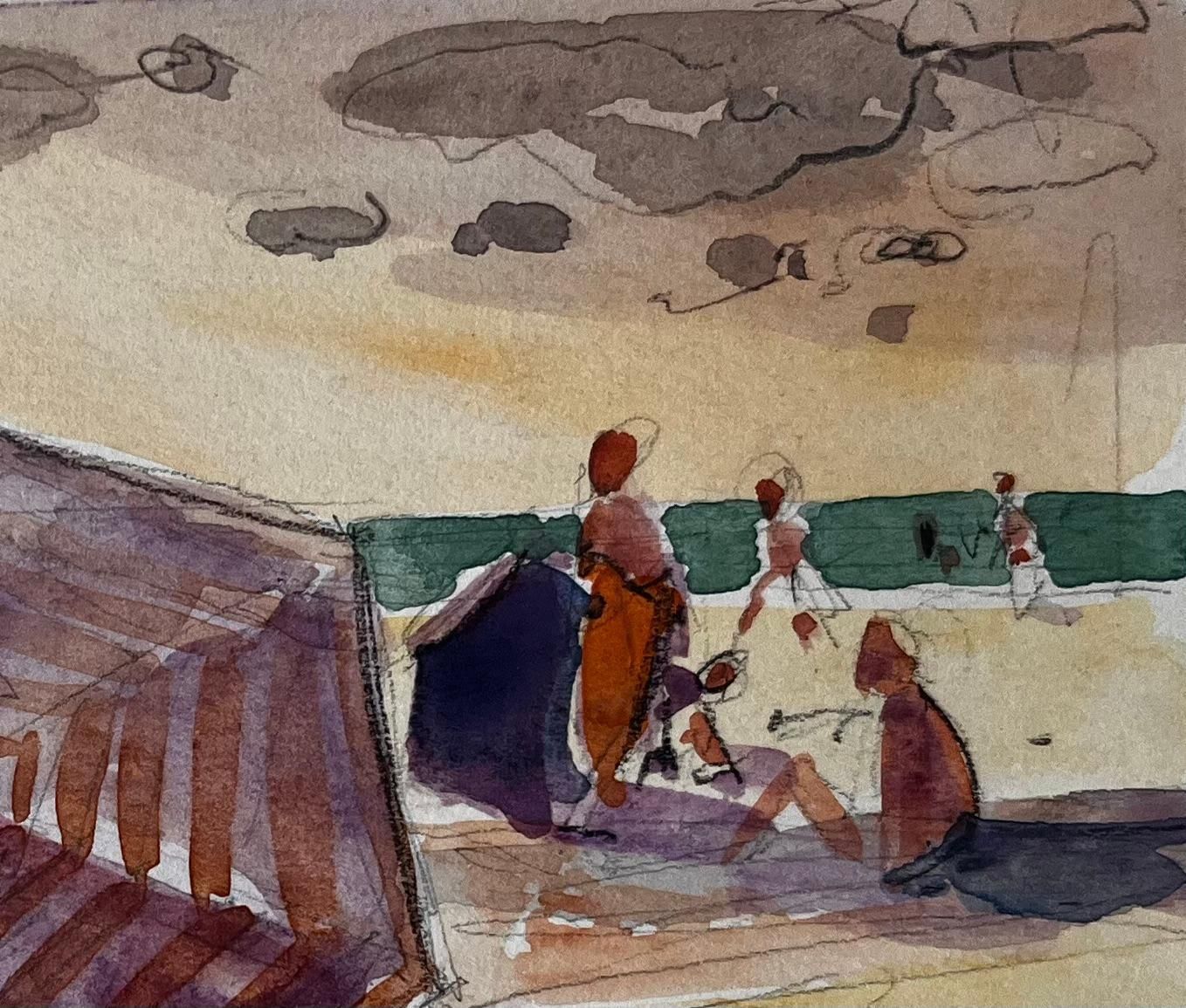 Pierre Neveubeach Scene Bathers Striped Tent Sunlit Shore And Figures Watercolor photo Art