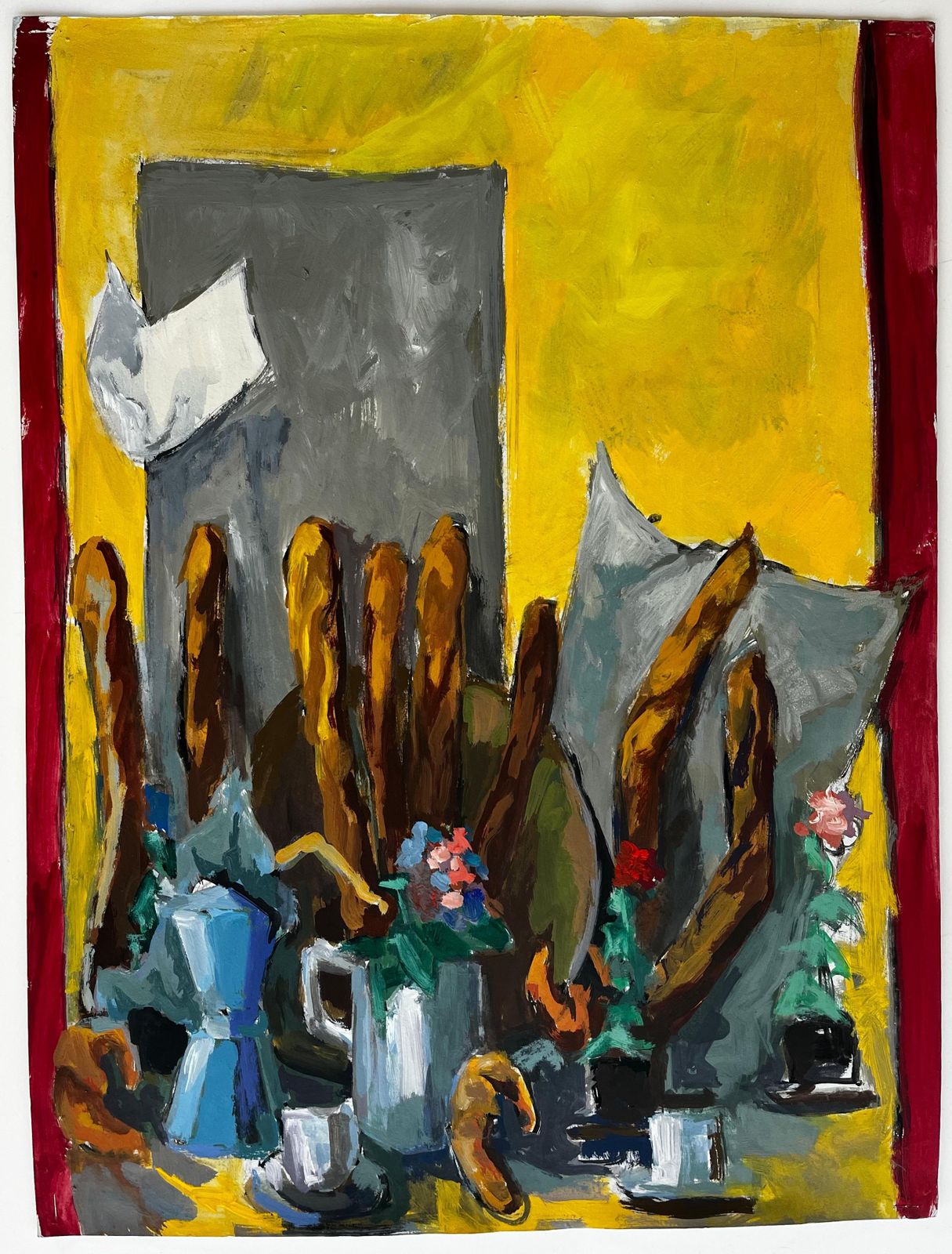 Guy Nicod French Modernist Breakfast Still Life With Baguettes Coffee Pot Flowers And Cups photo furniture