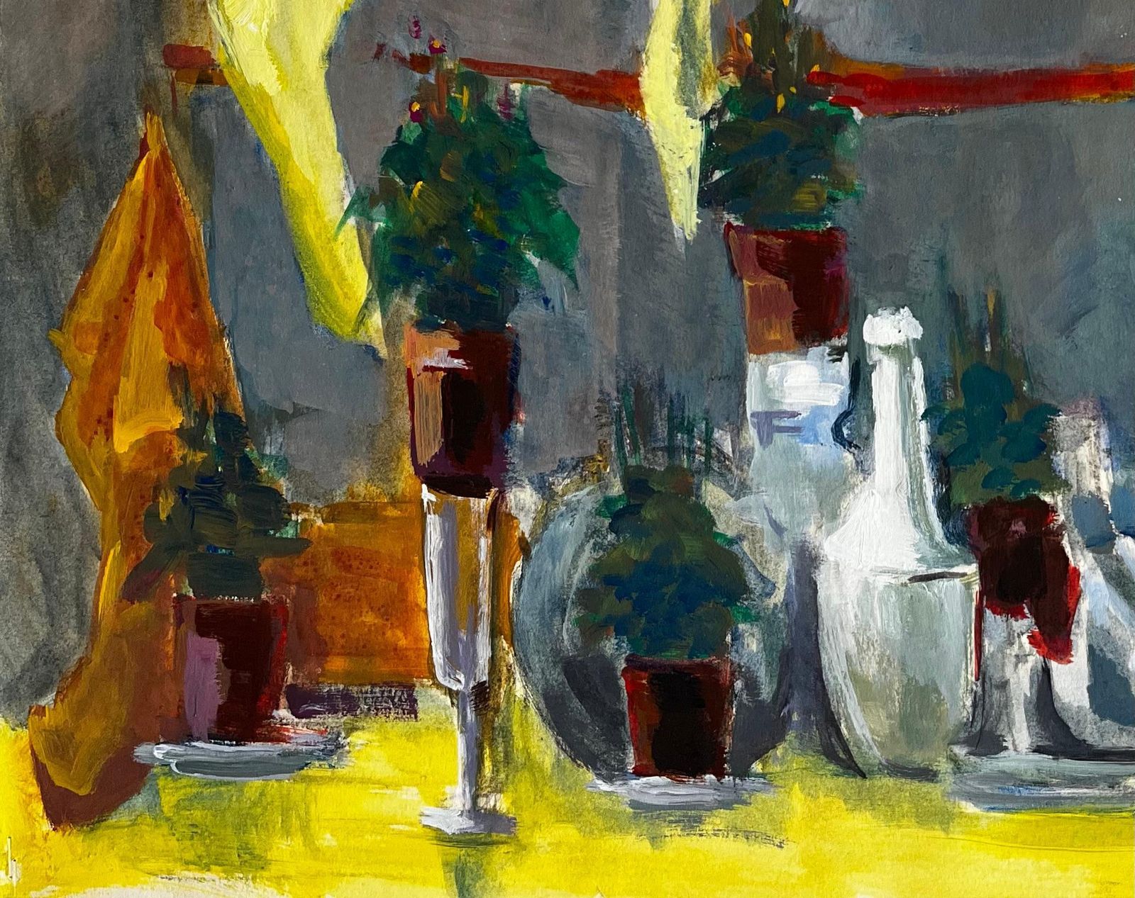 Guy Nicodyellow Draped Cloth Bottles Glassware And Potted Plants Modernist Still Life photo Art