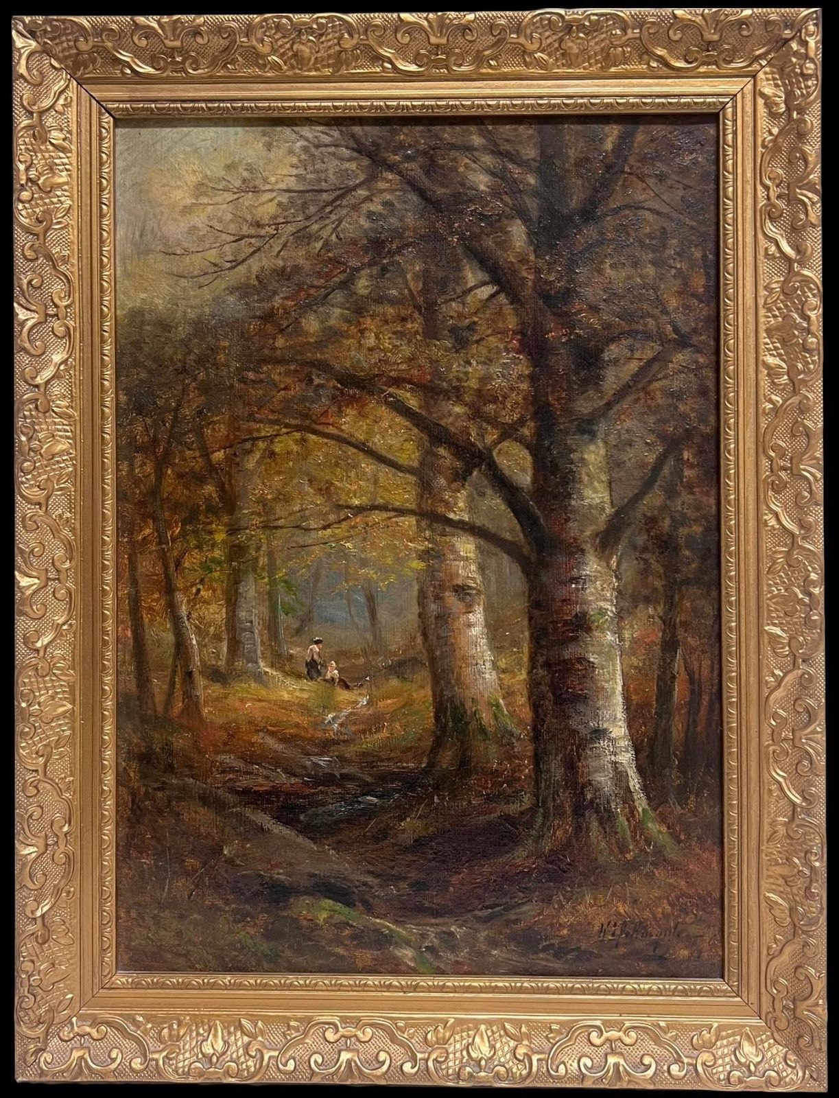 W Pettingale (19th Century)signed Victorian Oil Painting Gathering Firewood Autumn Woodland Pathway