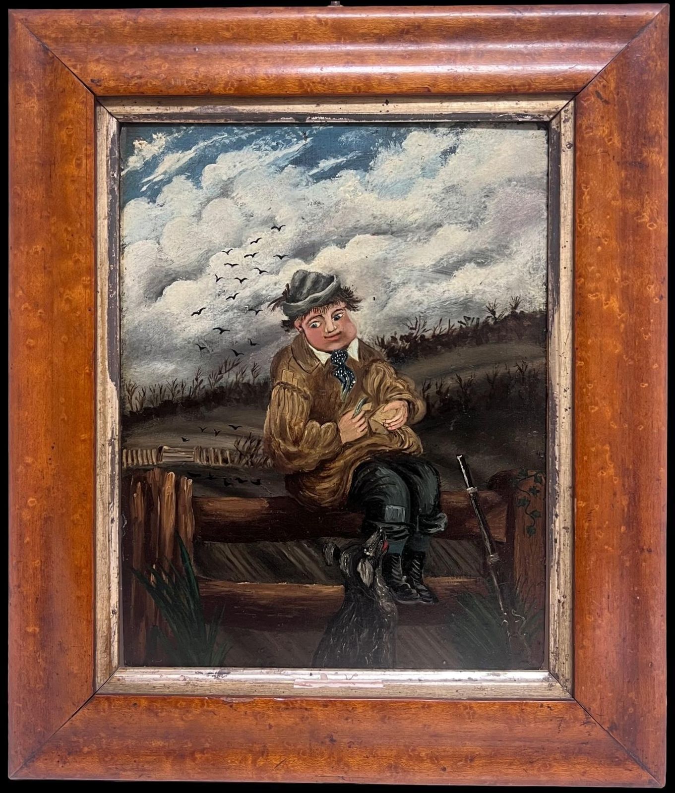 English School (19th Century)19th Century English Naive Folk Art Portrait Farm Boy & Dog Having Picnic Lunch