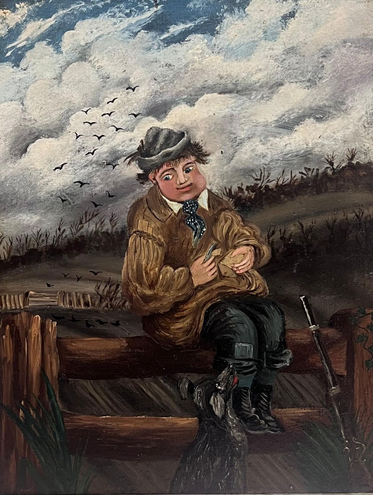 English School (19th Century)19th Century English Naive Folk Art Portrait Farm Boy & Dog Having Picnic Lunch photo furniture