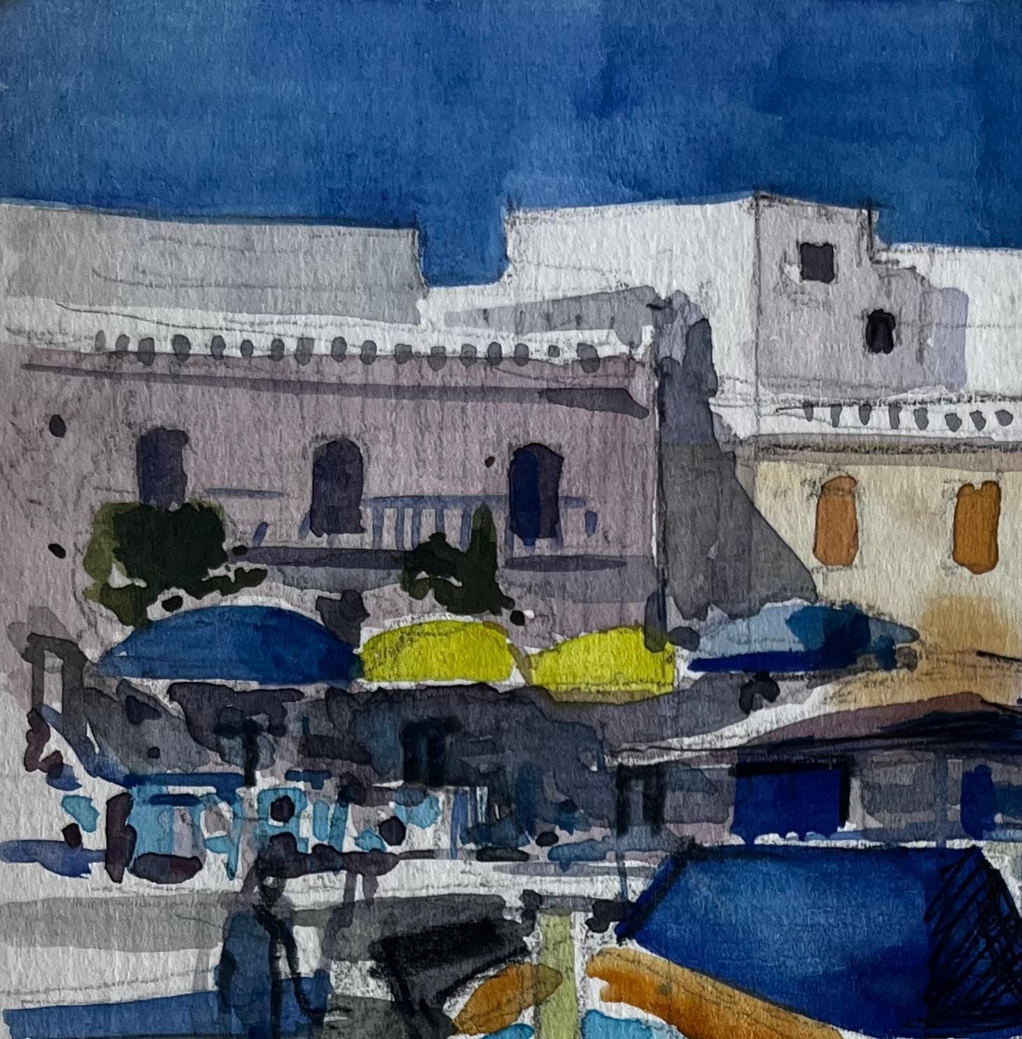 Pierre Neveumediterranean Fishing Boats Coastal Harbour Scene Watercolour By Pierre Neveu photo for sale