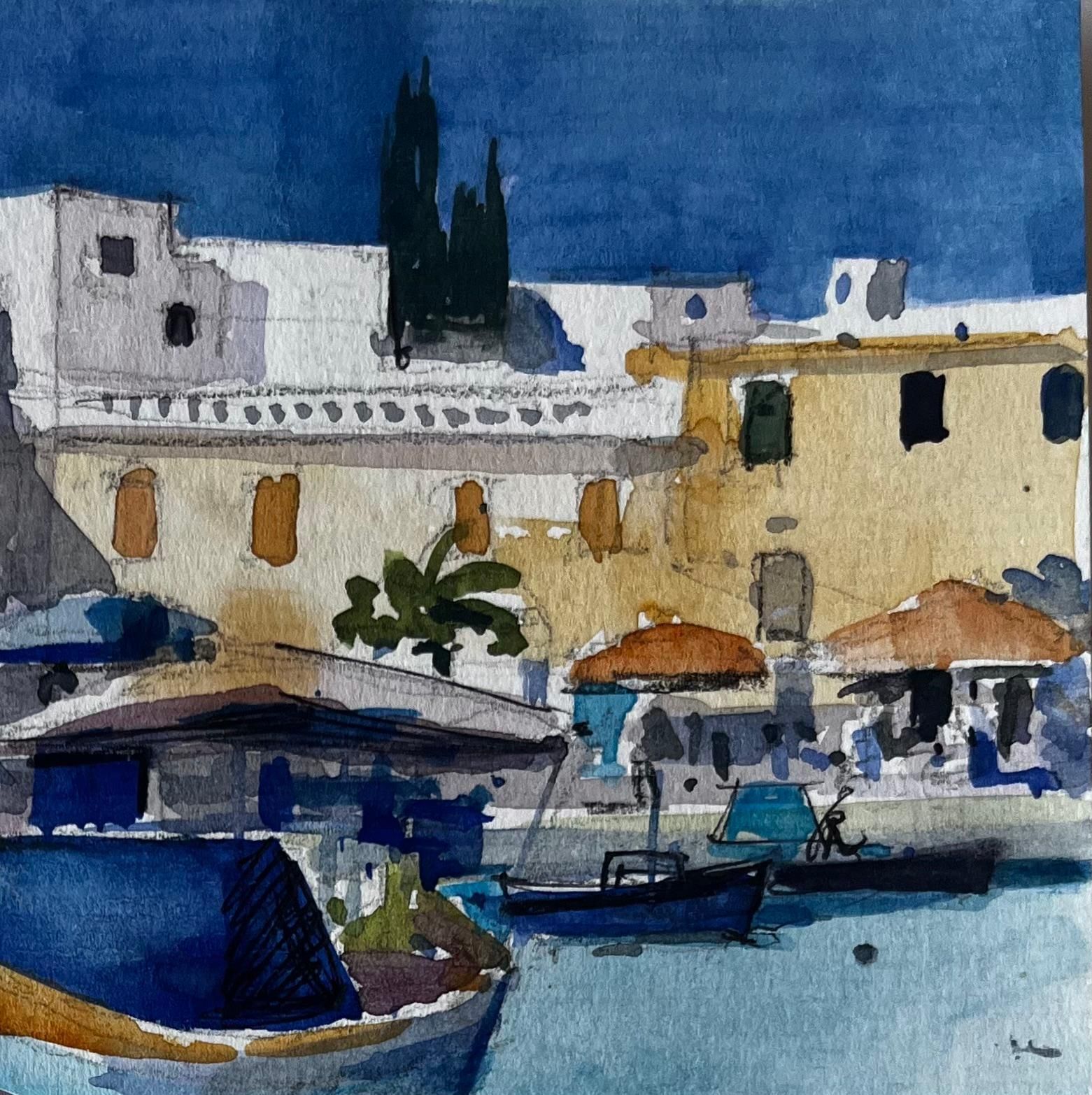 Pierre Neveumediterranean Fishing Boats Coastal Harbour Scene Watercolour By Pierre Neveu photo Art
