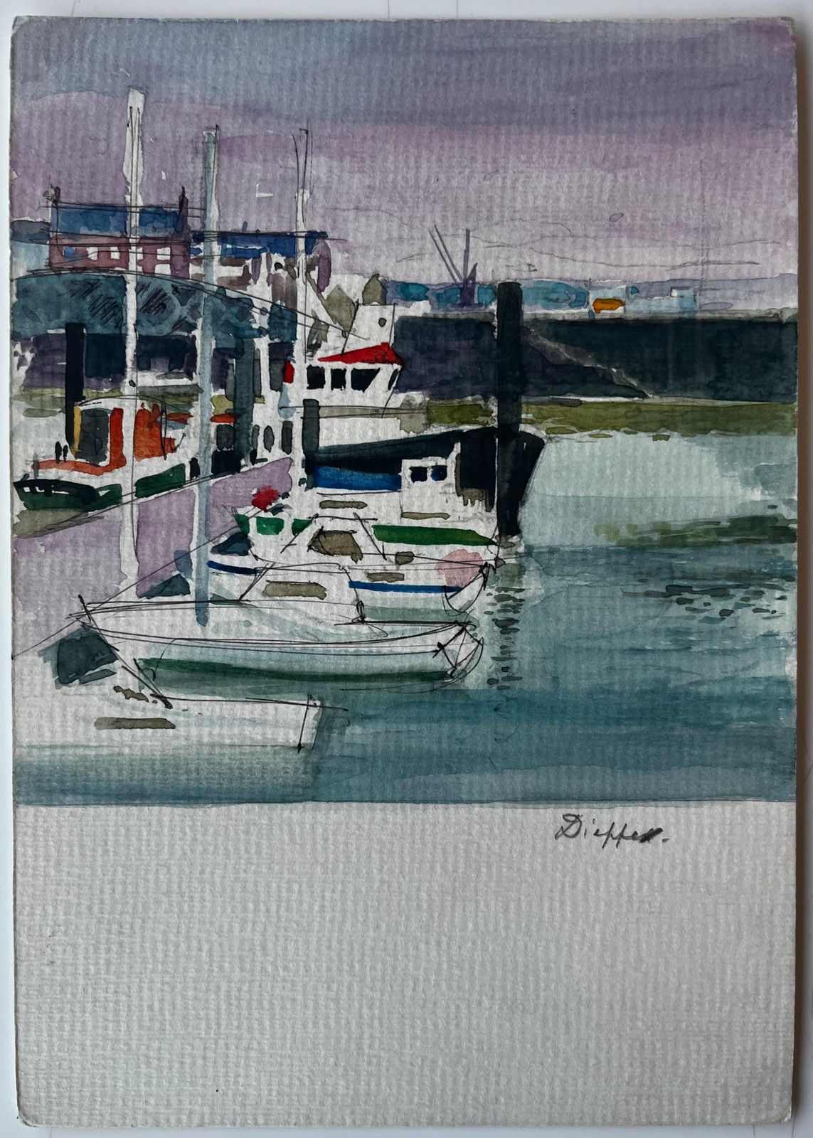Pierre Neveuharbour Boats Quayside Reflections Dieppe Watercolour photo furniture