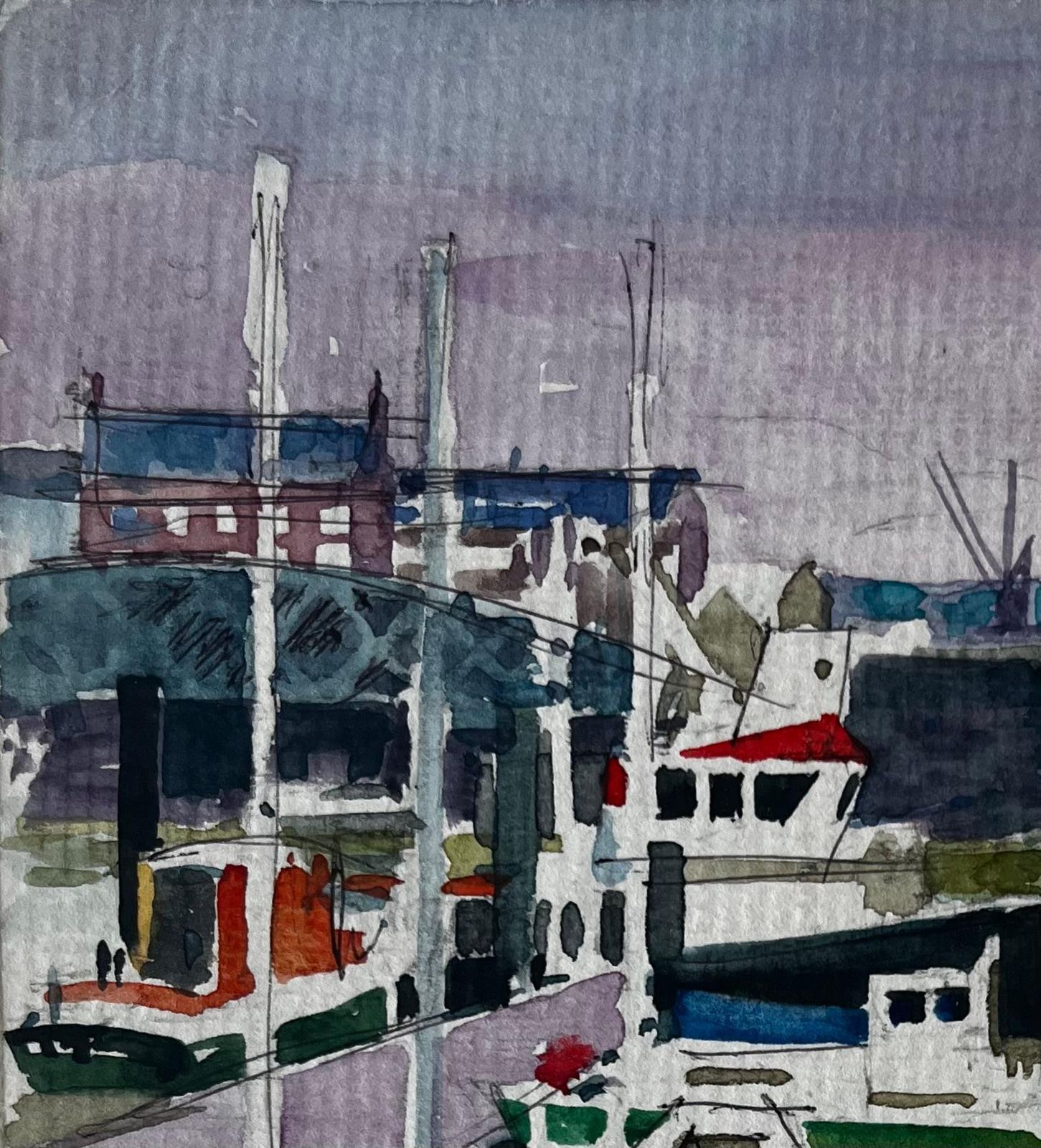 Pierre Neveuharbour Boats Quayside Reflections Dieppe Watercolour photo for sale