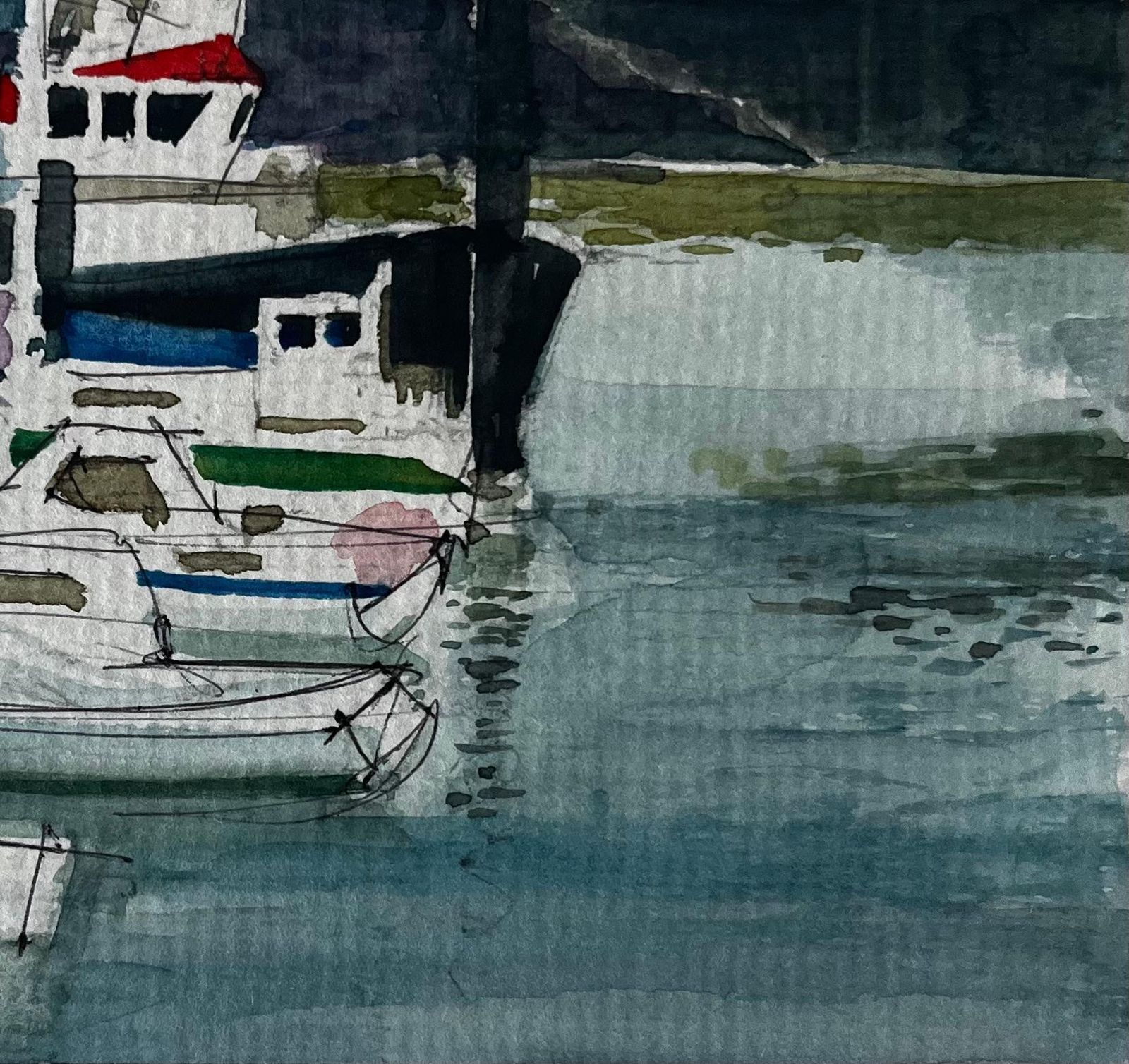 Pierre Neveuharbour Boats Quayside Reflections Dieppe Watercolour photo 443.0