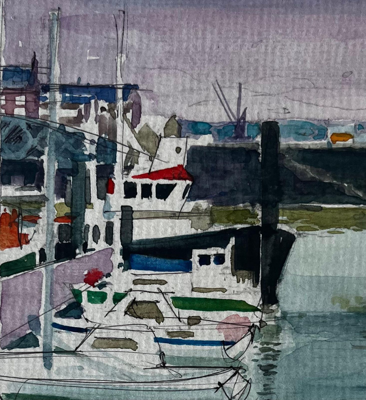 Pierre Neveuharbour Boats Quayside Reflections Dieppe Watercolour photo buy