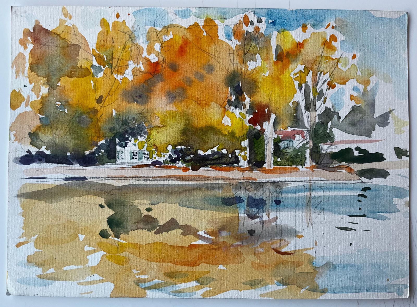 Pierre Neveuautumn Trees Lakeside Reflections Riverside House Golden Foliage Landscape photo furniture