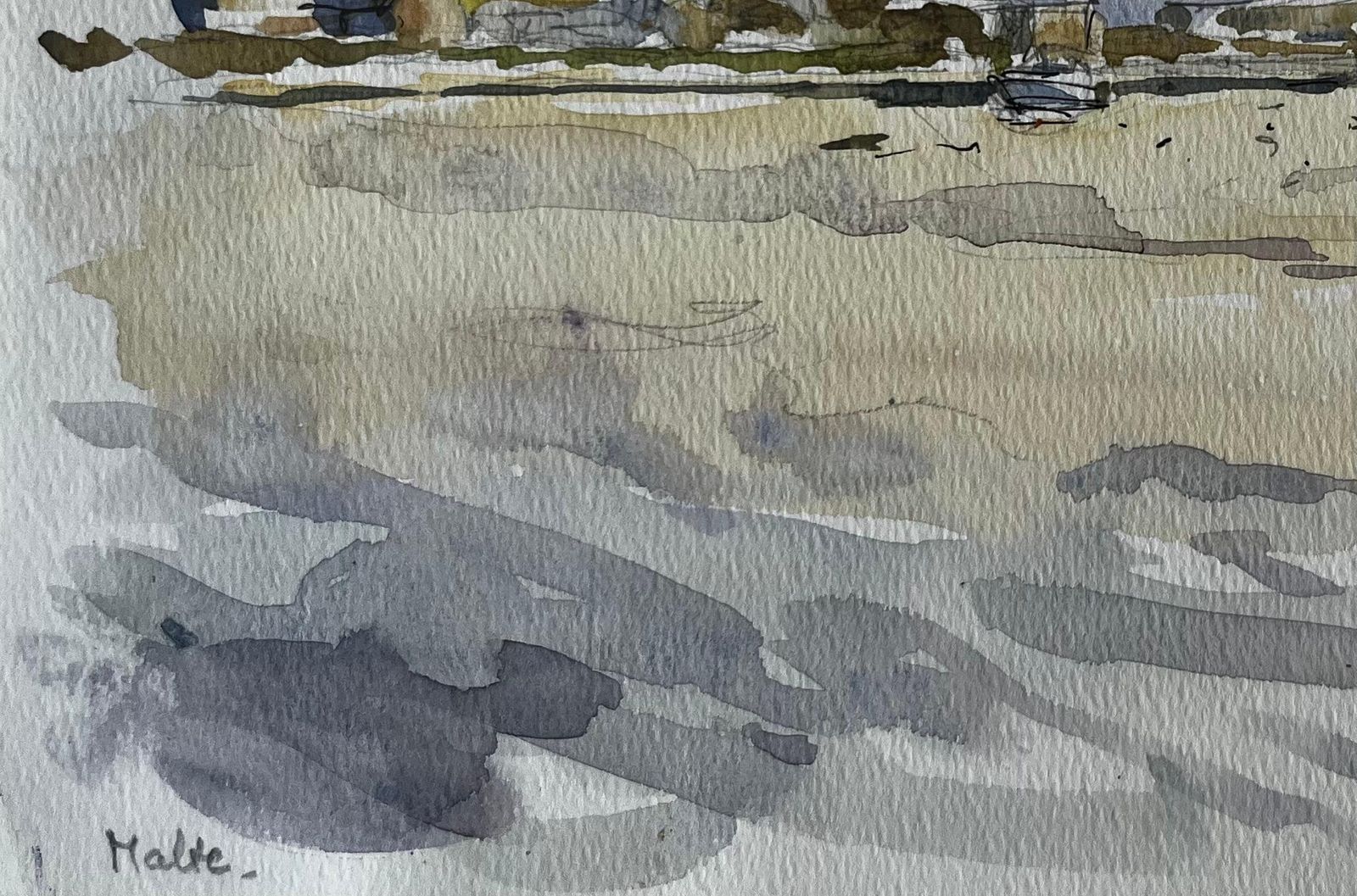 Pierre Neveumalta Harbour Landscape Boats Reflections Soft Sunset Watercolour Study photo 362.0
