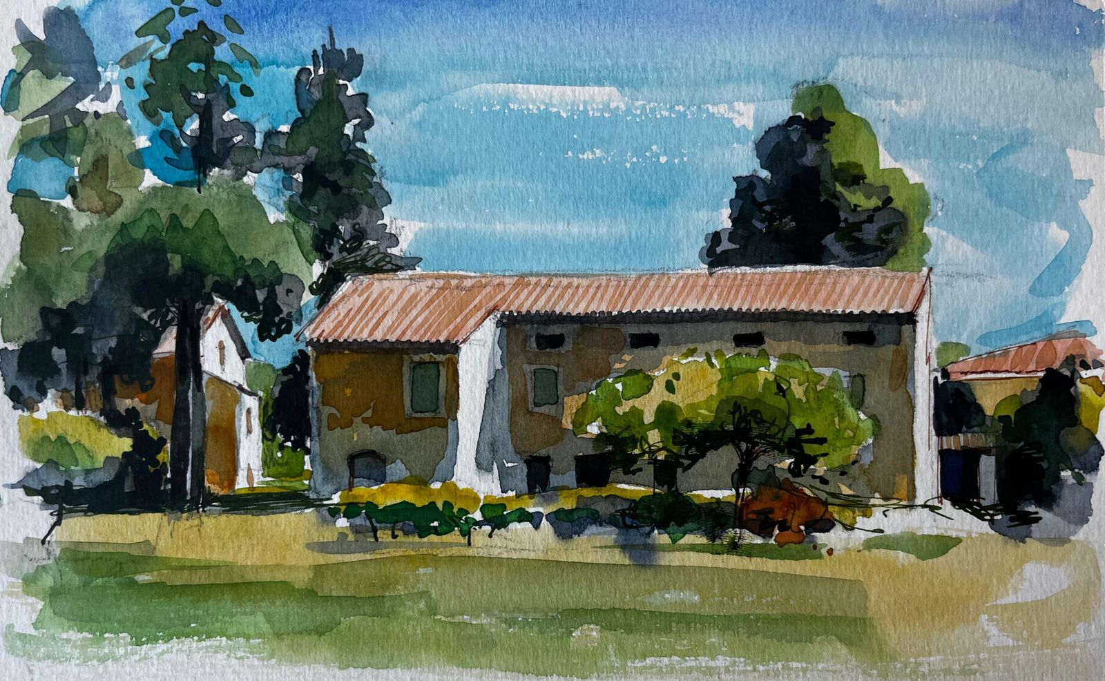 Pierre Neveuprovence Farmhouse Terracotta Roof Trees And Summer Light Watercolour Study