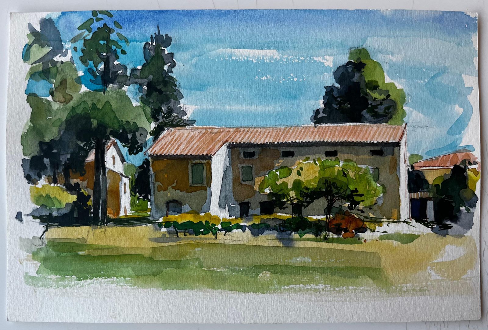 Pierre Neveuprovence Farmhouse Terracotta Roof Trees And Summer Light Watercolour Study photo furniture