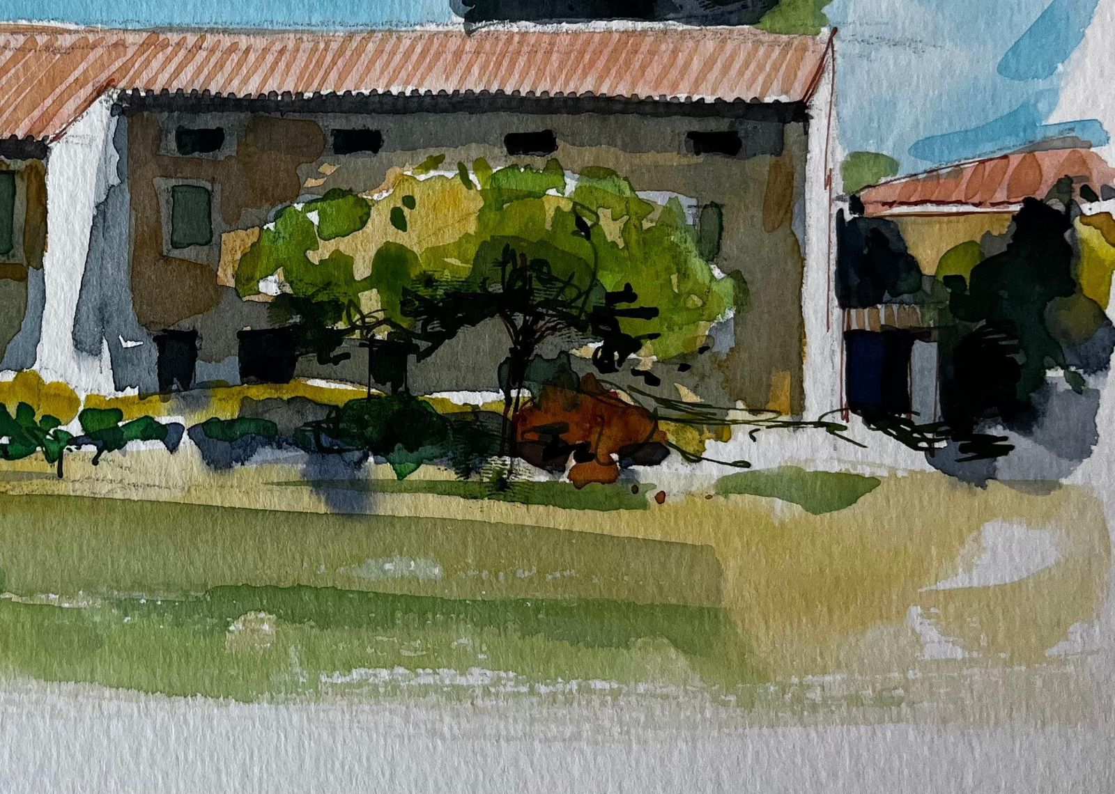 Pierre Neveuprovence Farmhouse Terracotta Roof Trees And Summer Light Watercolour Study photo 417.0