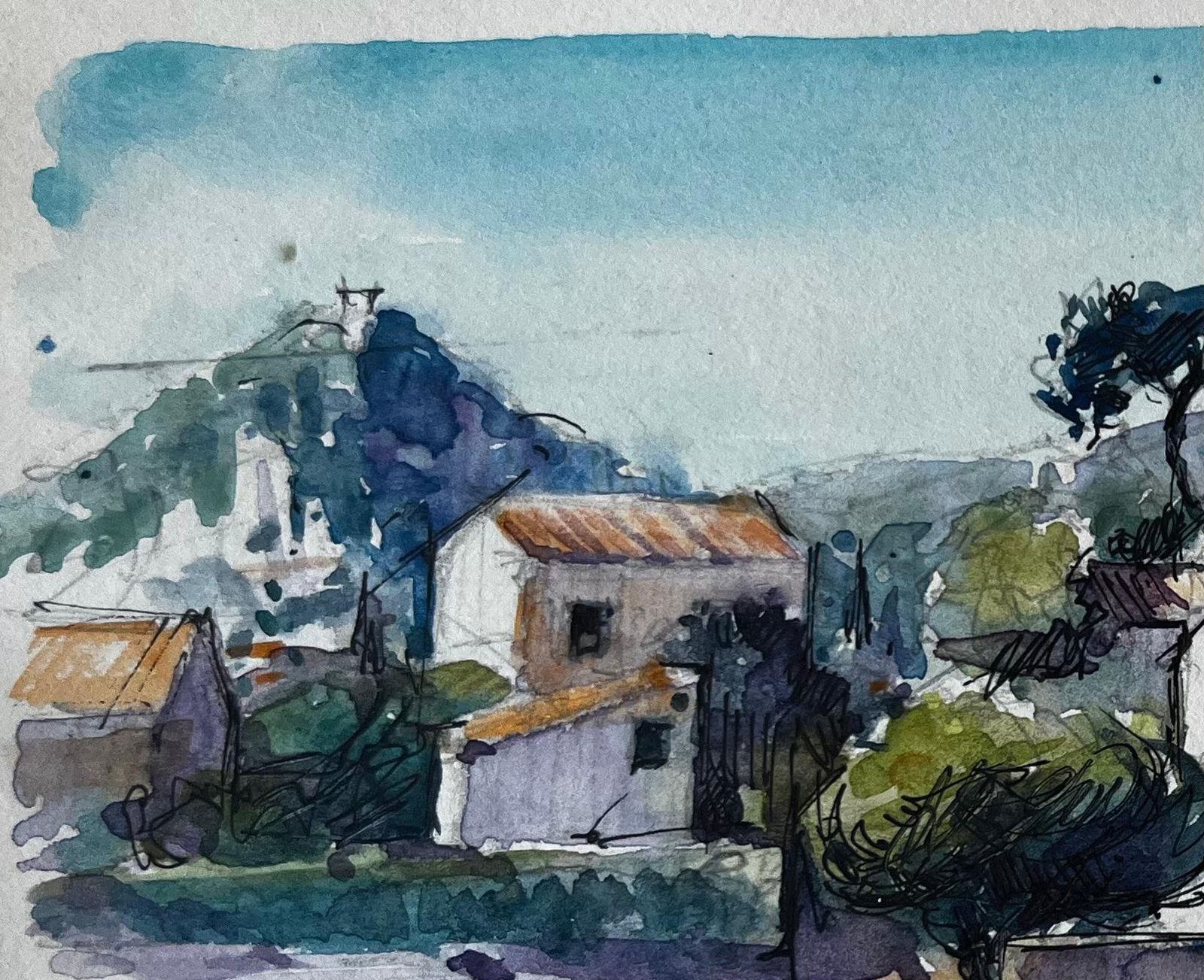Pierre Neveusablet Provence Vineyard Farmhouses Trees Hills French Landscape Watercolour photo for sale