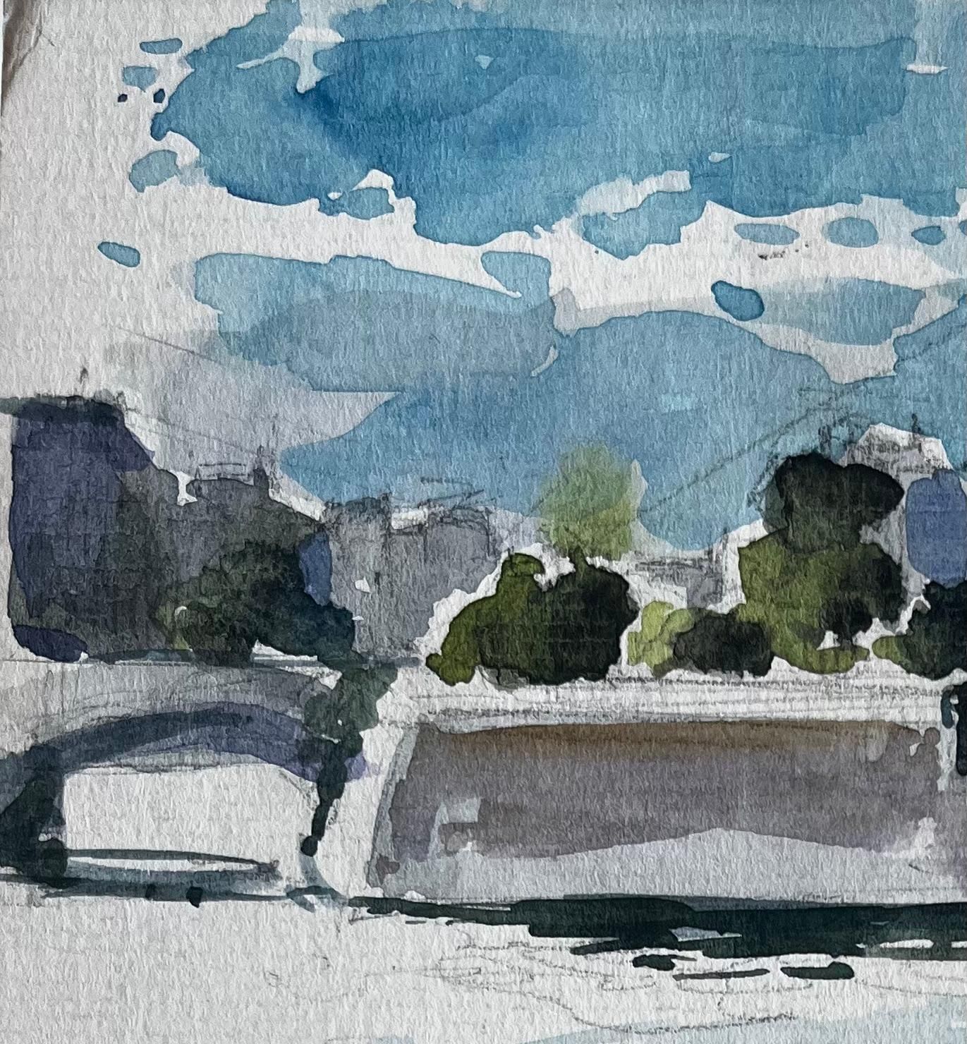 Pierre Neveuparis Seine River View With Notre Dame Cathedral And Bridge French Watercolor photo Art