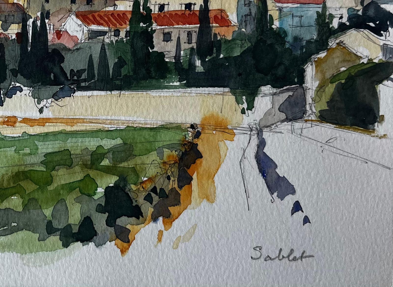 Pierre Neveuprovence Village Landscape Sablet Hillside View Watercolour By Pierre Neveu photo 514.0