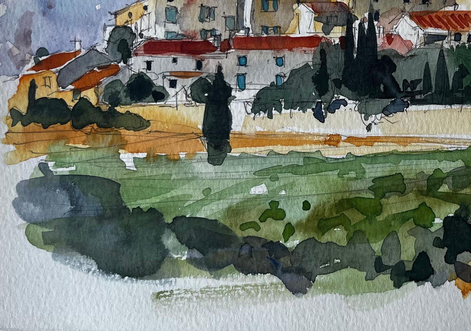 Pierre Neveuprovence Village Landscape Sablet Hillside View Watercolour By Pierre Neveu photo vinterior