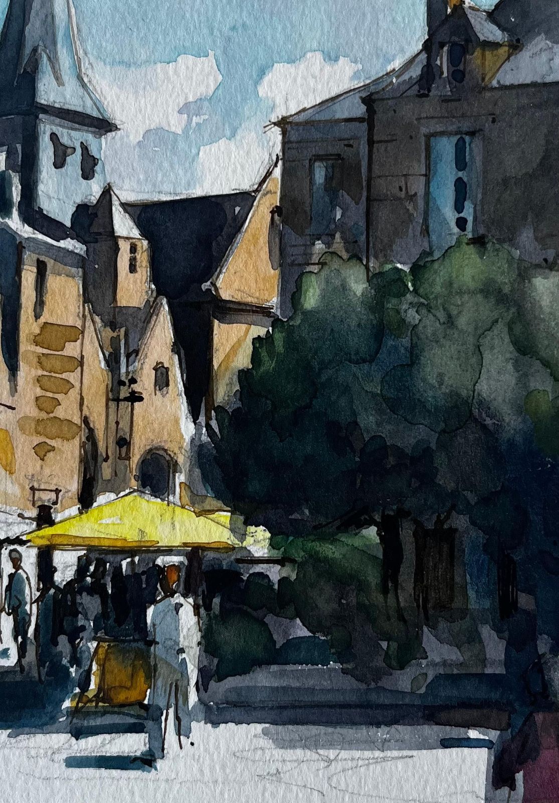 Pierre Neveuguerande French Market Square Church Spire Figures And Yellow Parasol photo buy