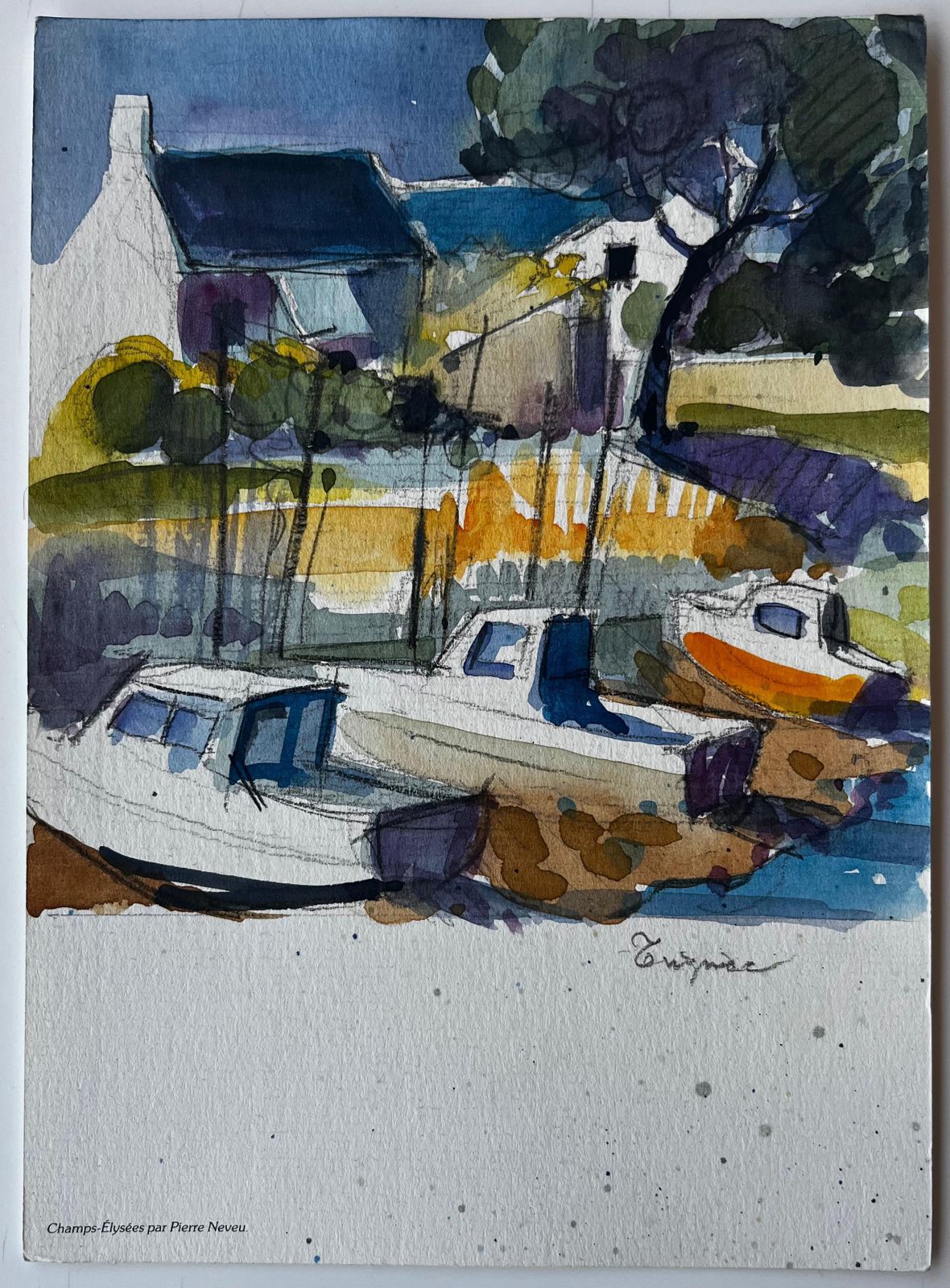 Pierre Neveutreguier Brittany Harbour Boats Low Tide French Coastal Watercolor photo furniture