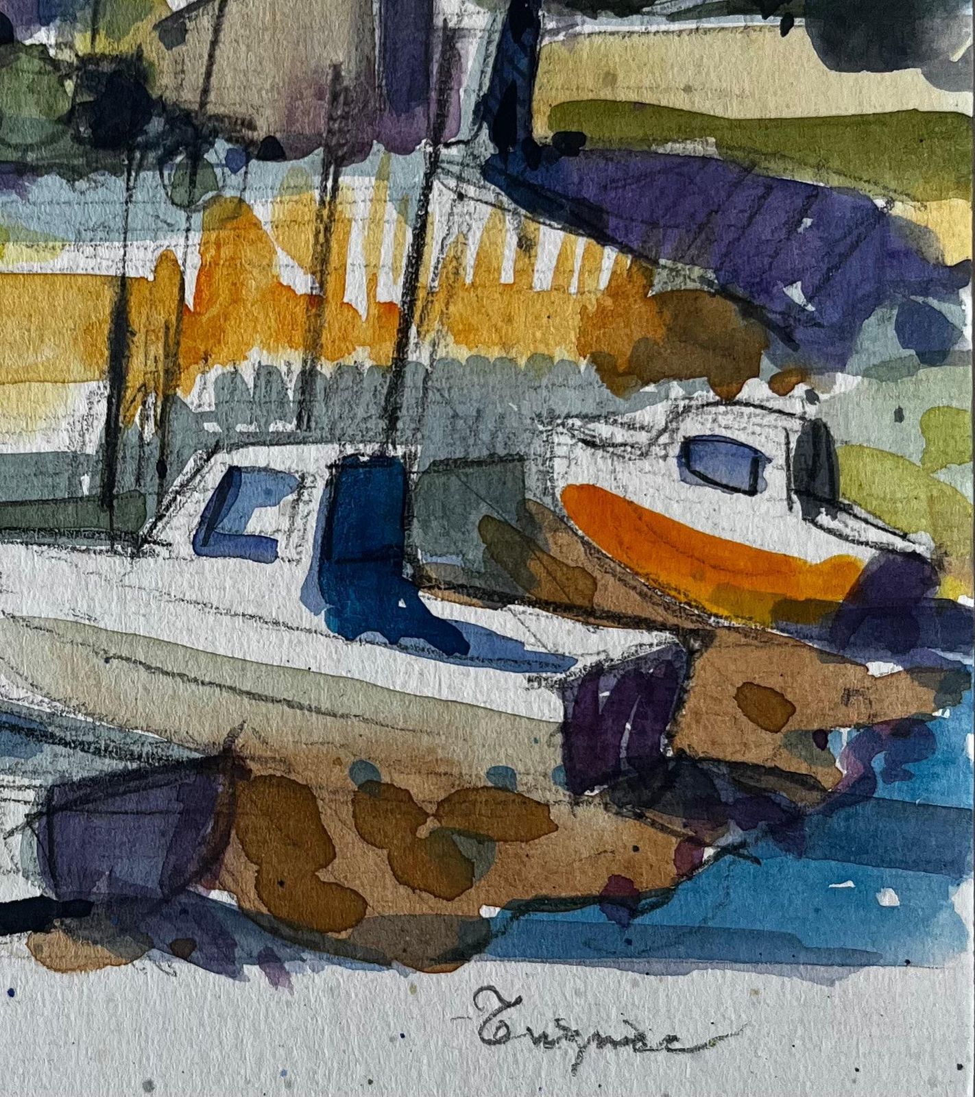 Pierre Neveutreguier Brittany Harbour Boats Low Tide French Coastal Watercolor photo 470.0