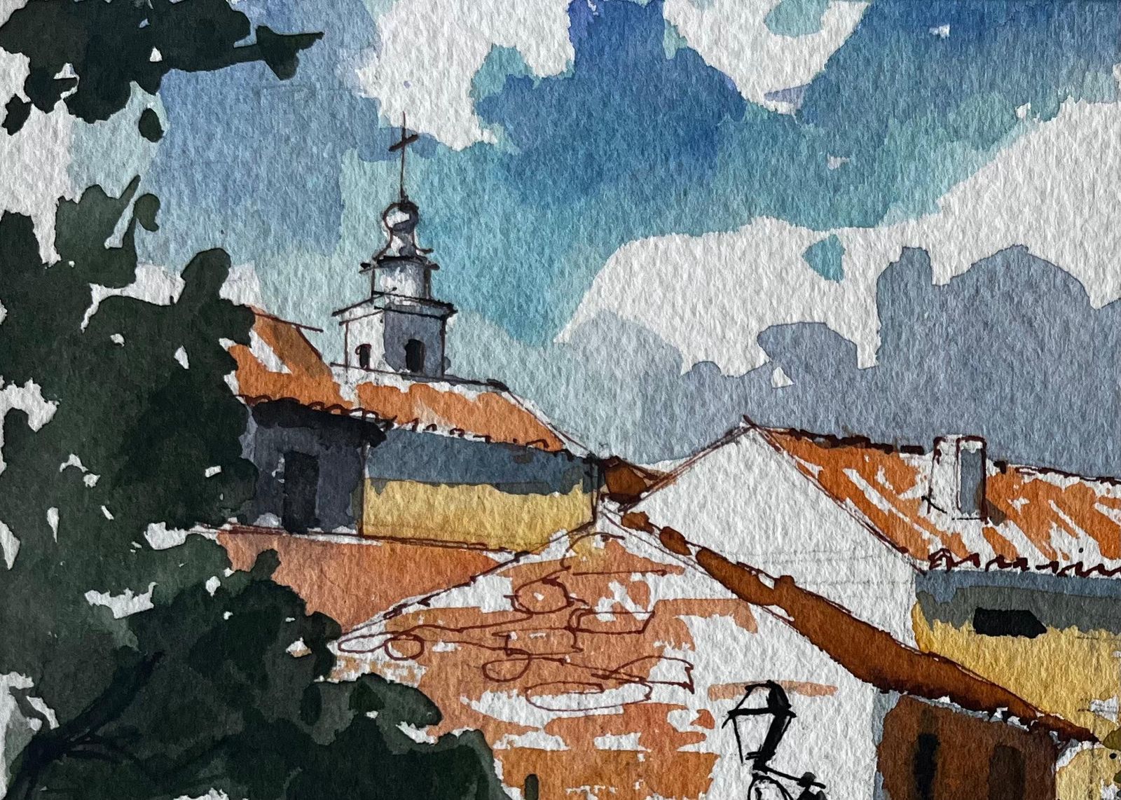 Pierre Neveuspanish Hilltop Village With Orange Roofs Trees And Courtyard Watercolour Scene photo for sale