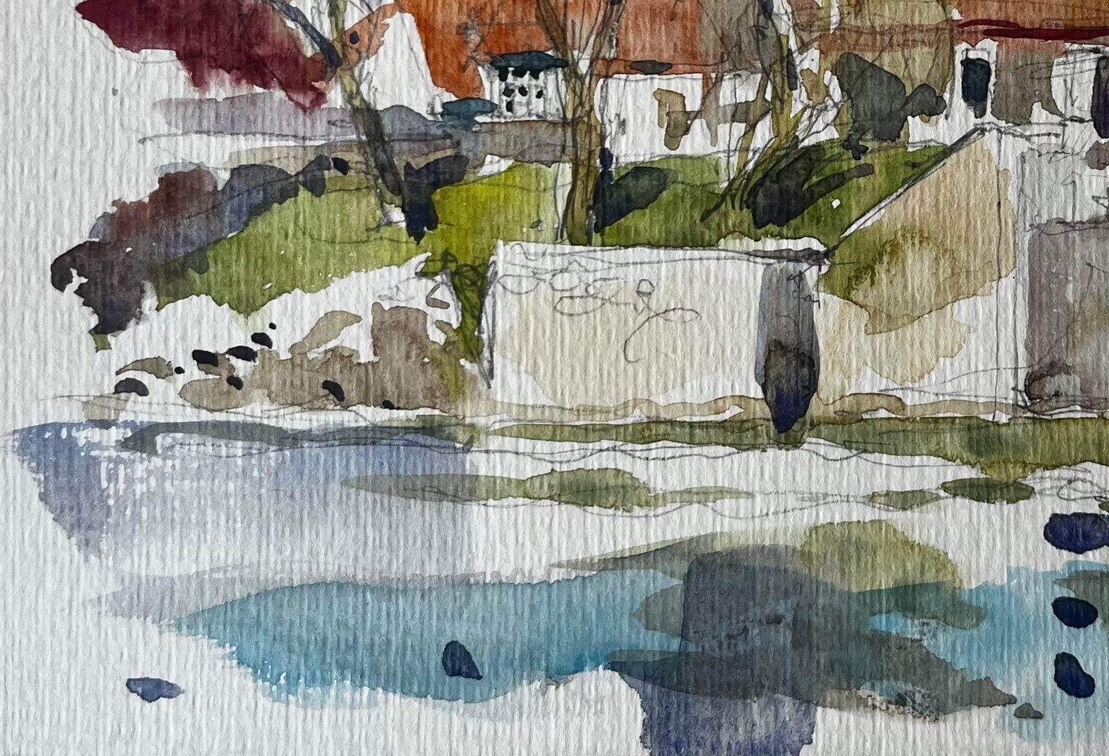 Pierre Neveuriverside Bridge And Red Roofed Houses French Village Watercolor photo vinterior