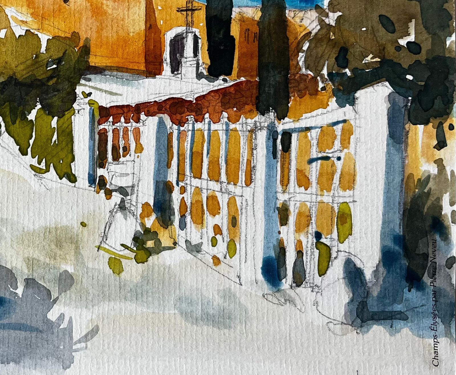 Pierre Neveuprovence Chapel Sunlit Church Pathway Cypress Trees French Landscape Watercolor photo 544.0