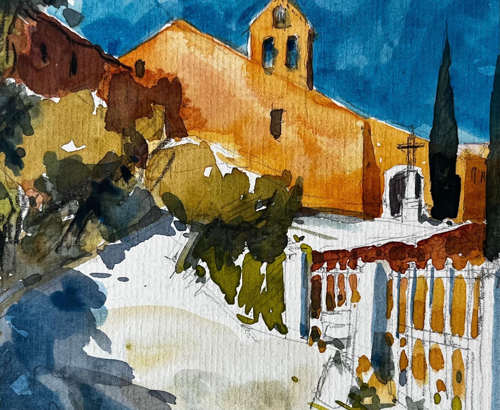 Pierre Neveuprovence Chapel Sunlit Church Pathway Cypress Trees French Landscape Watercolor photo buy
