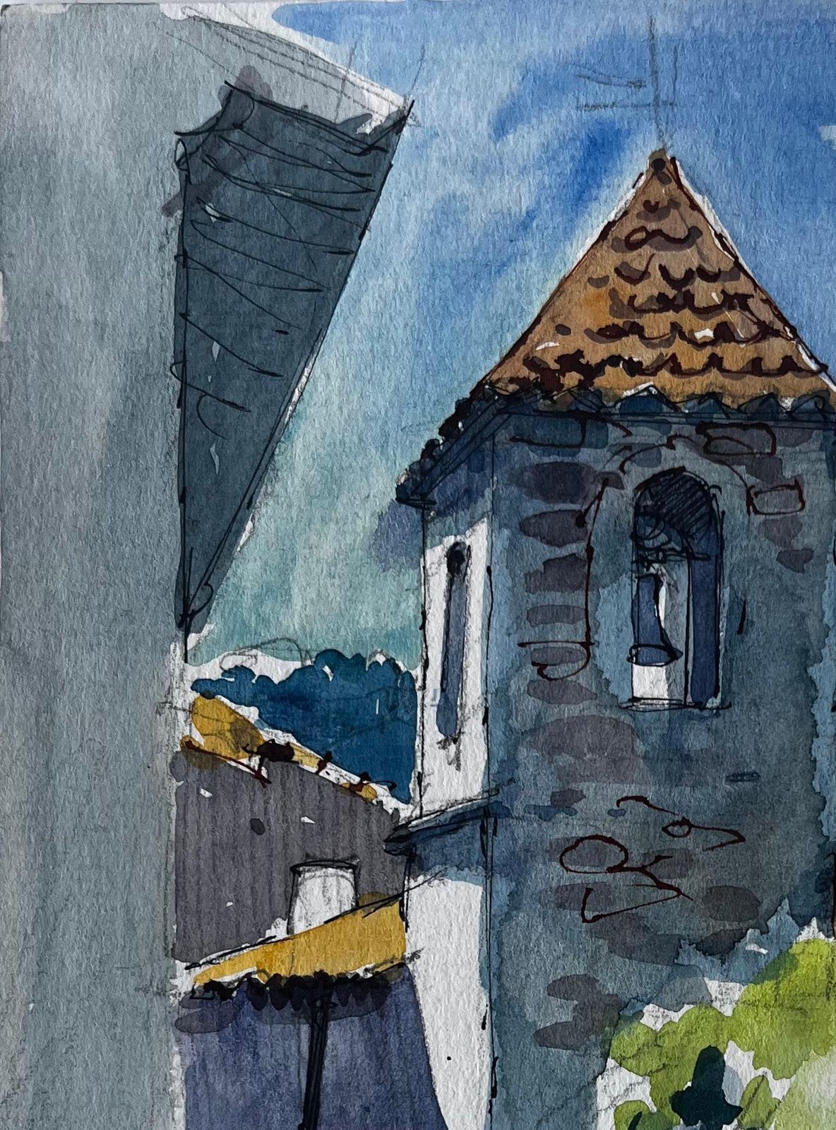 Pierre Neveustone Church Tower And Village Houses Provence Watercolor photo for sale