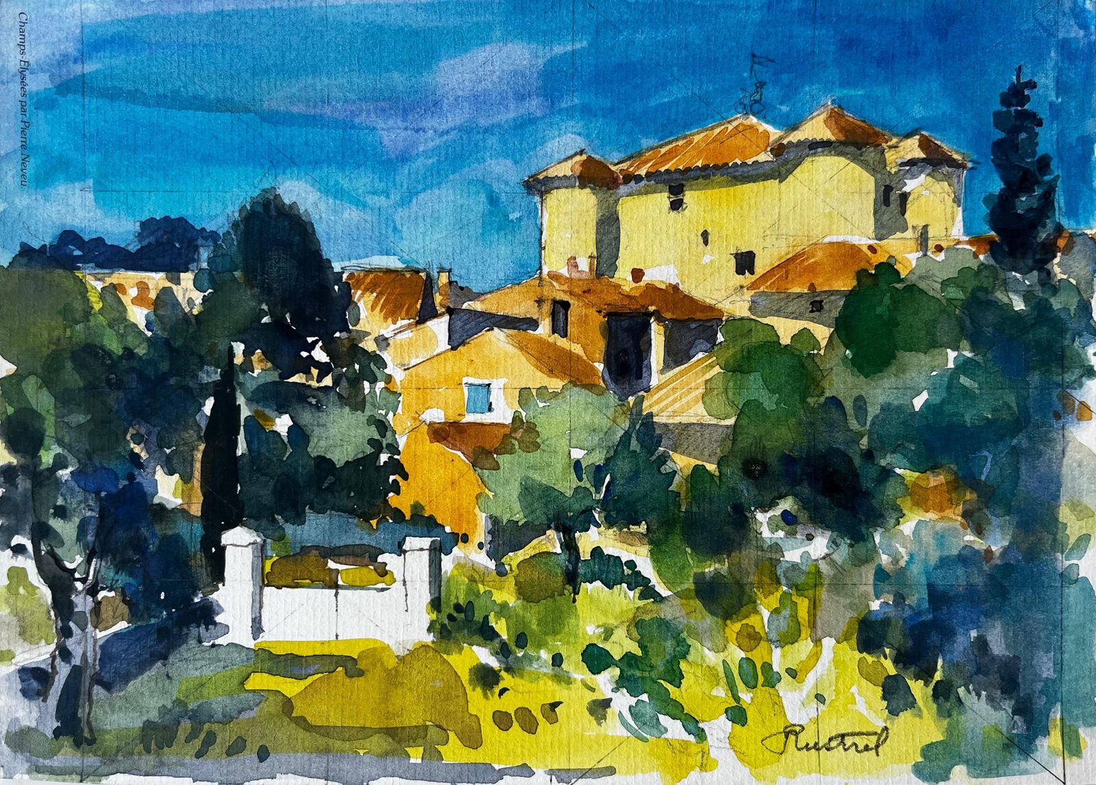 Pierre Neveurudinal Provence Village Yellow Houses Cypress Trees French Landscape Watercolor