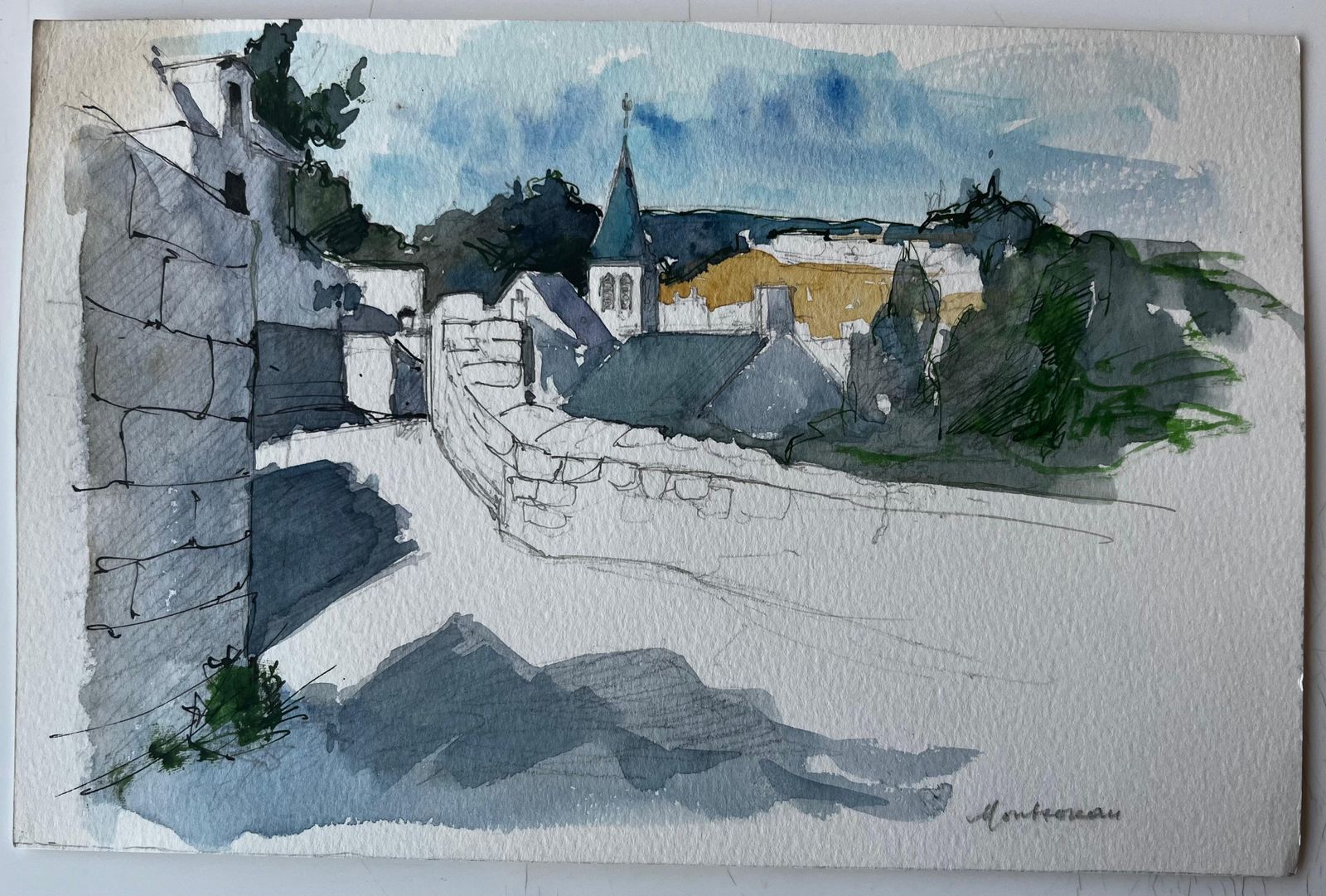Pierre Neveumortemart Village Stone Walls Church Tower And Summer Sky Watercolour Study photo furniture