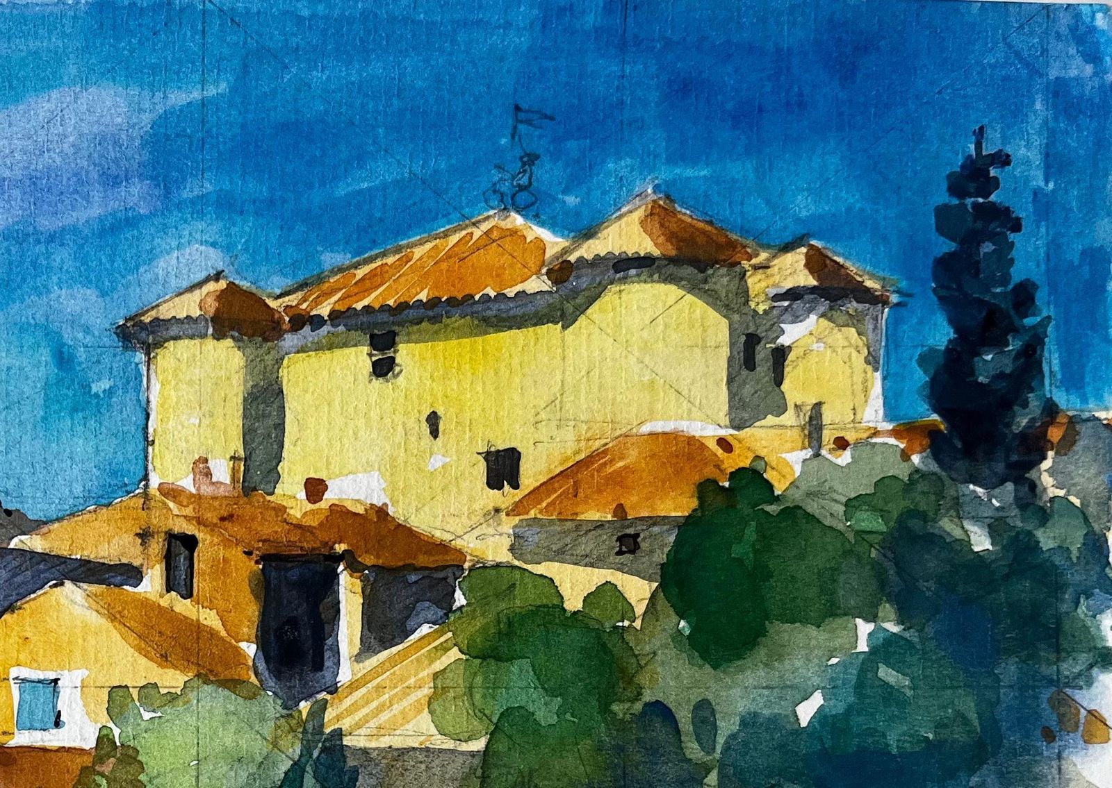 Pierre Neveurudinal Provence Village Yellow Houses Cypress Trees French Landscape Watercolor photo for sale