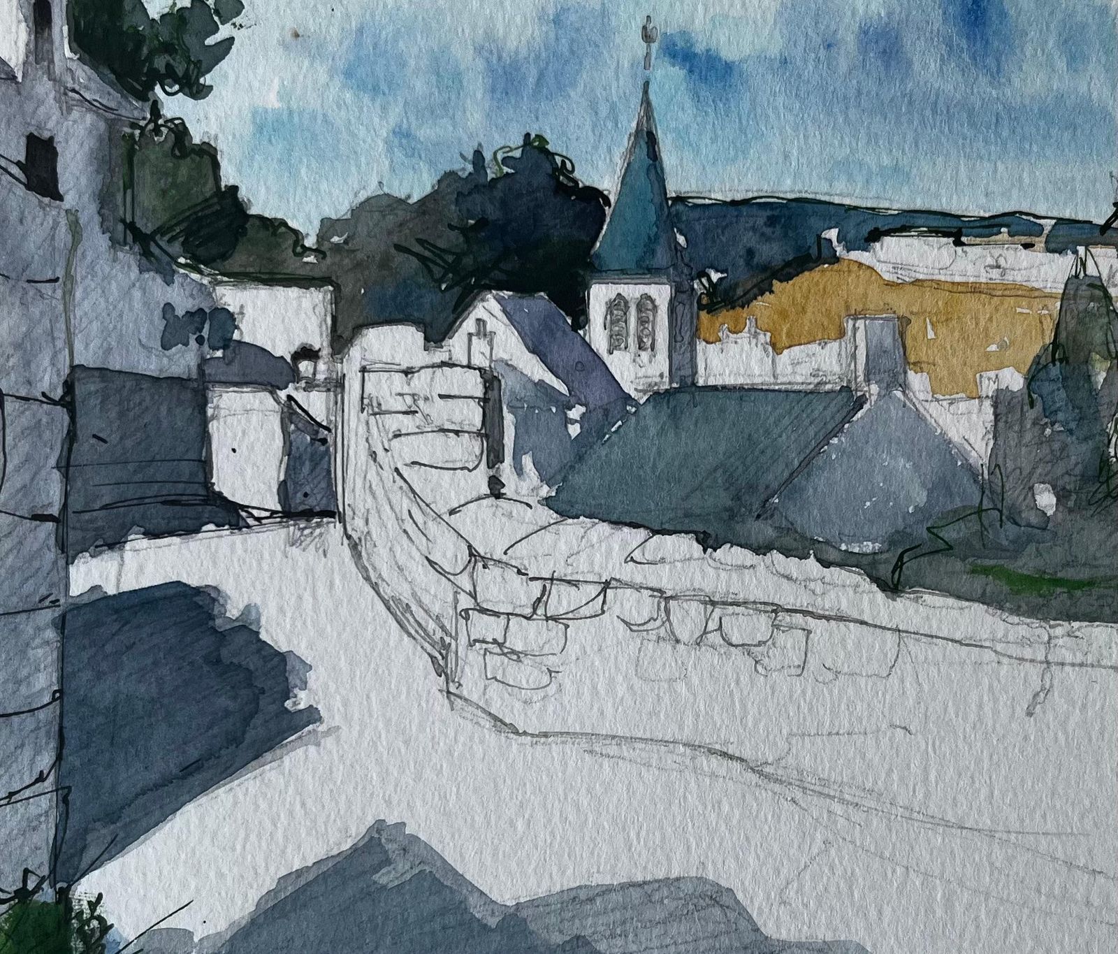 Pierre Neveumortemart Village Stone Walls Church Tower And Summer Sky Watercolour Study photo buy