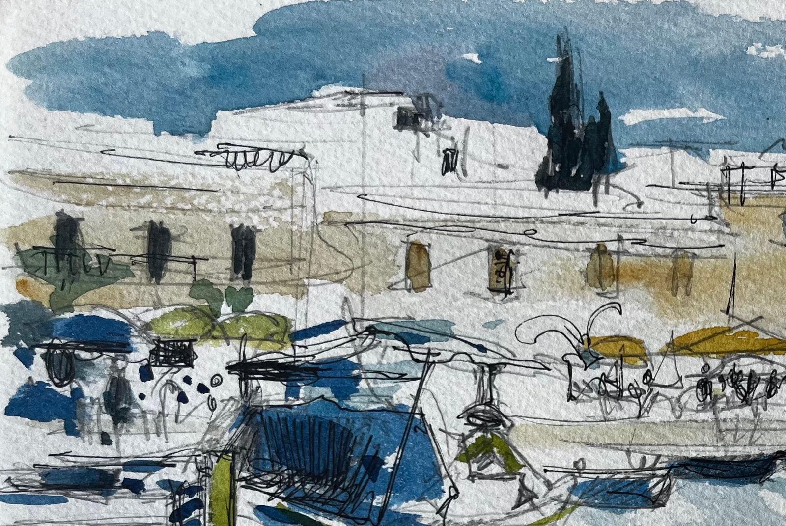 Pierre Neveumalta Harbour Boats Waterfront Scene Watercolour Sketch By Pierre Neveu photo for sale